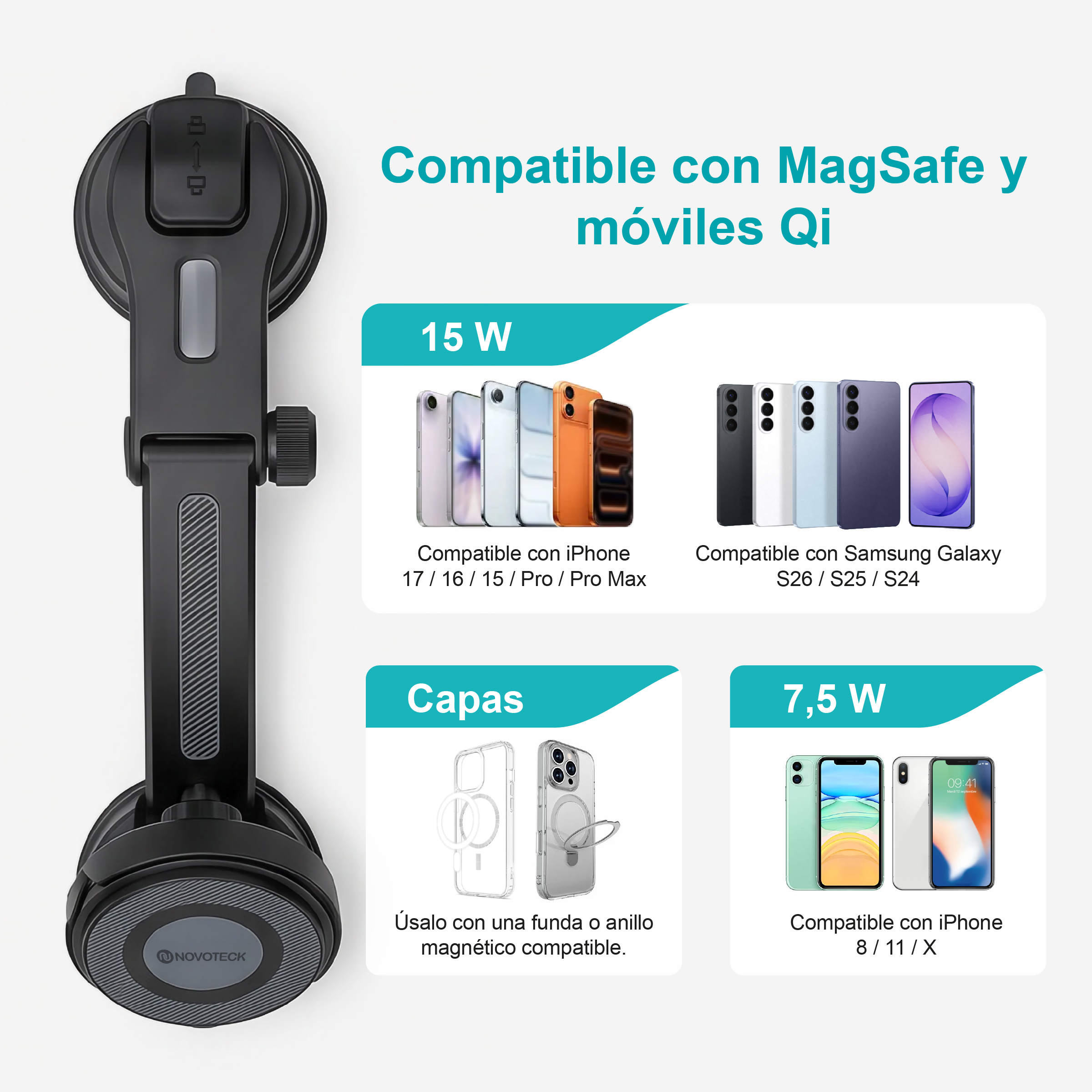 Un soporte negro para teléfono con ventosa y varios dispositivos compatibles.