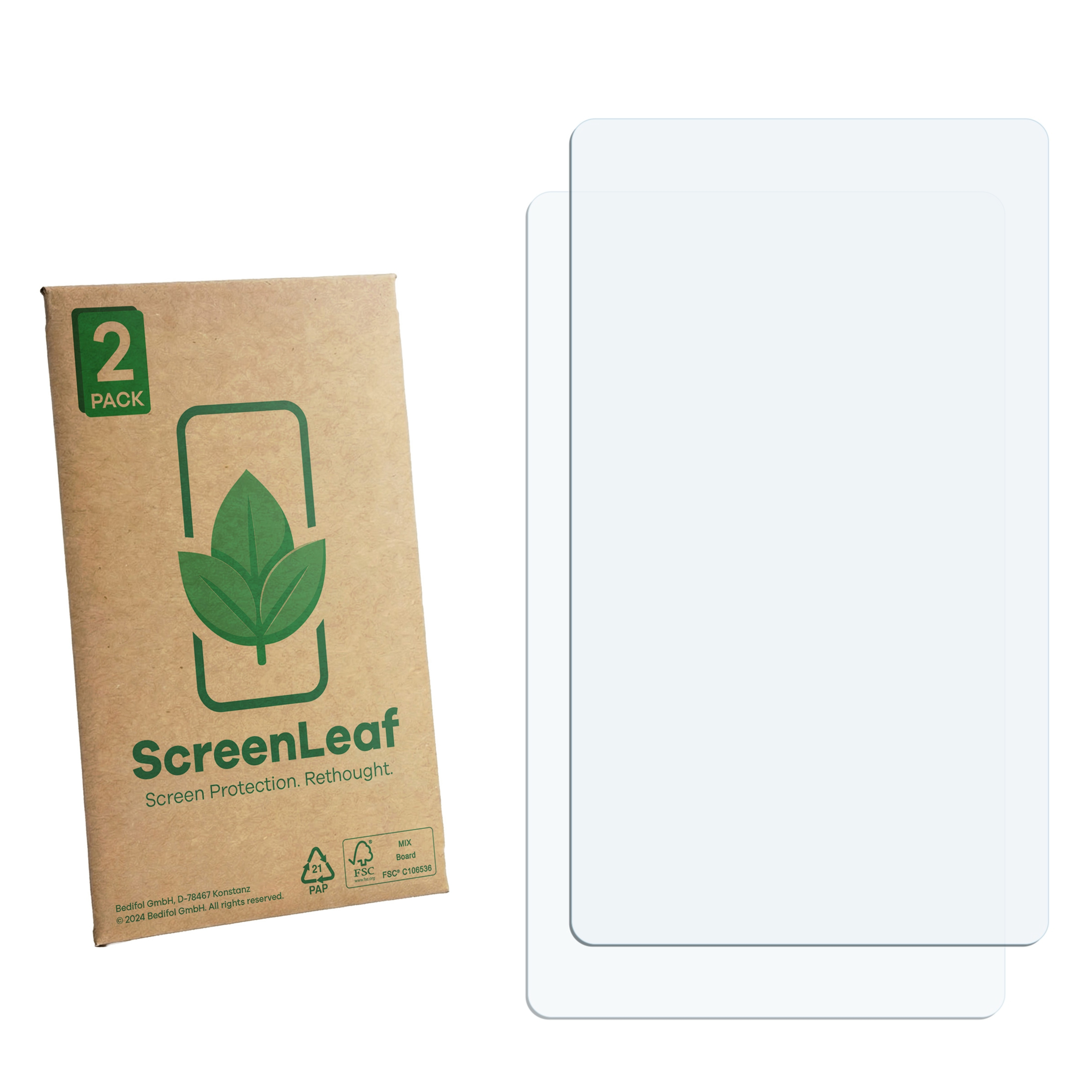 Eine Packung mit zwei Displayschutzfolien und einer braunen Verpackung mit grünen Blatt-Logo.
