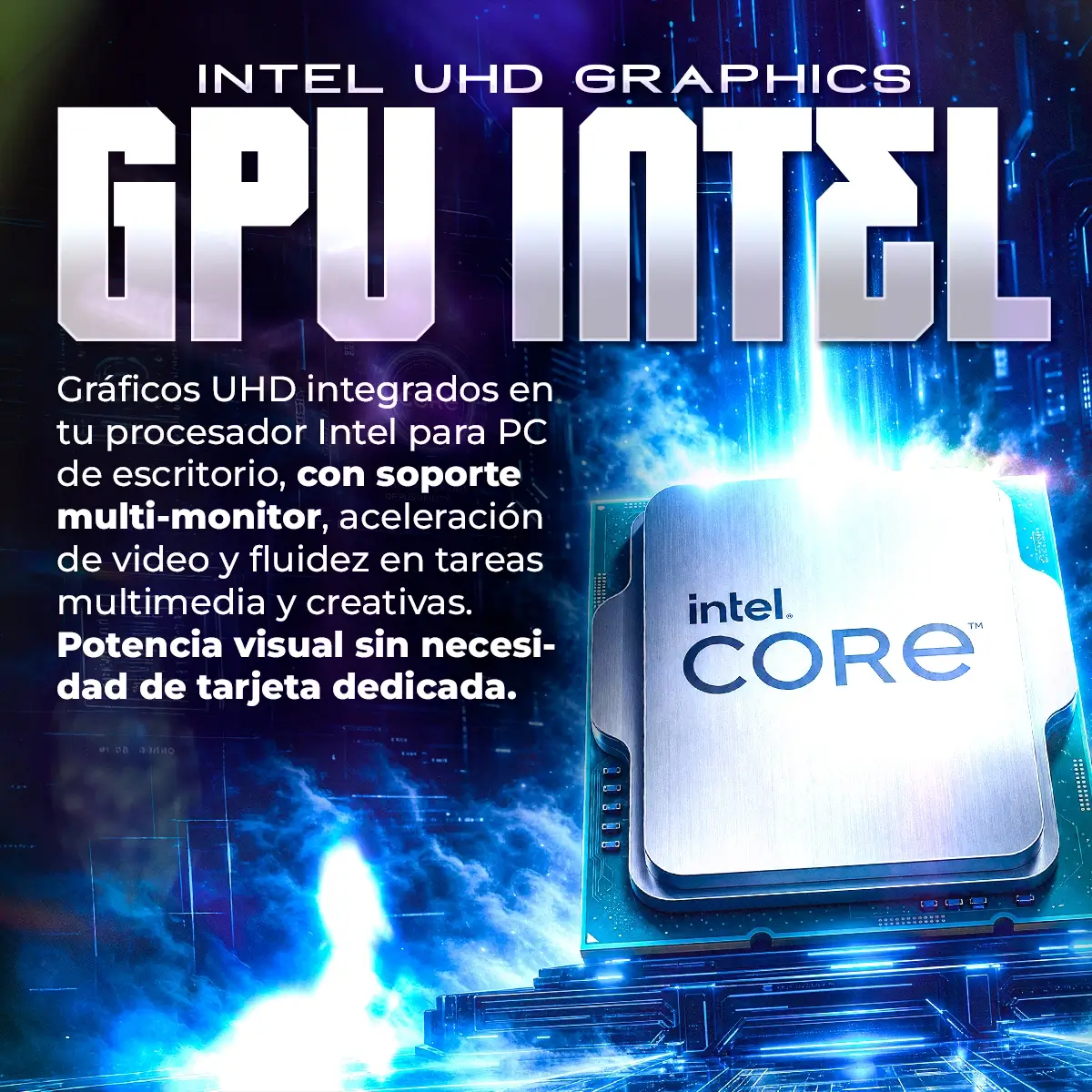 CPU Intel Core con grafica UHD, raggi di luce blu, testo sulla grafica integrata.