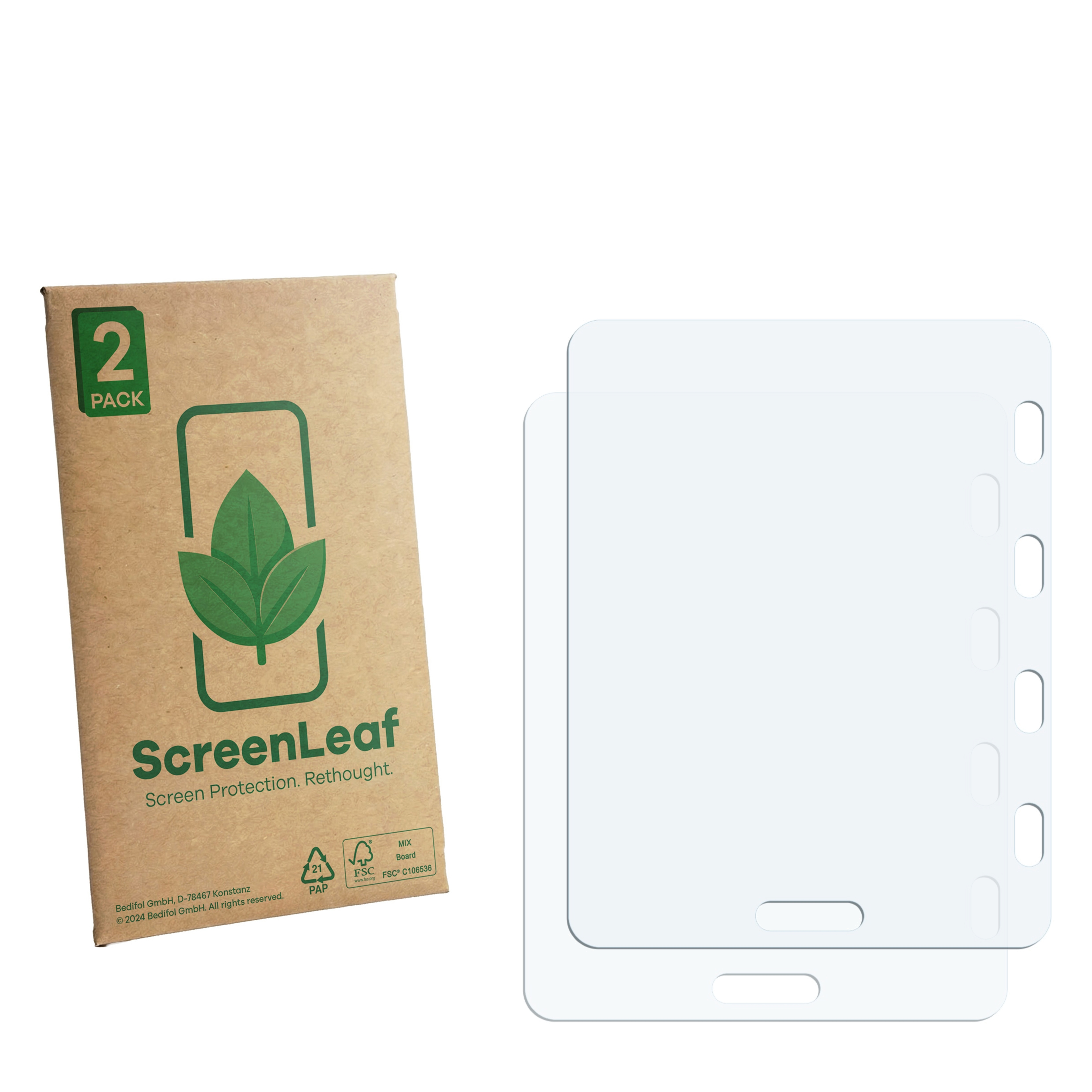 Eine Packung mit 2 Displayschutzfolien und einer braunen Verpackung mit Blattlogo.