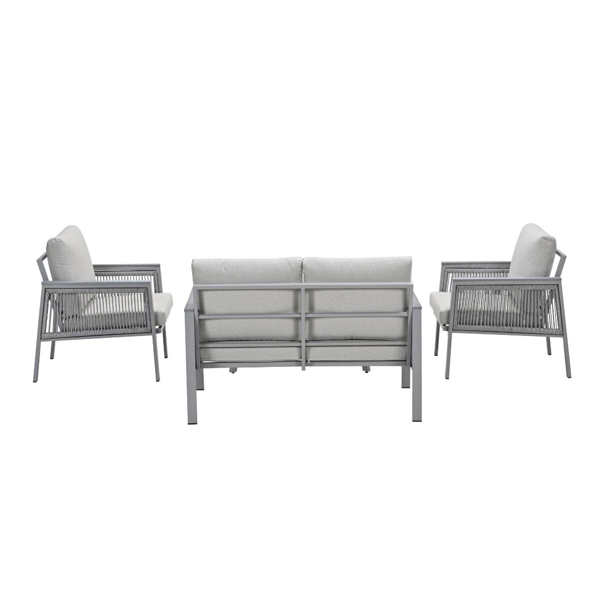 A gray sofa and two armchairs with woven details on a white background.