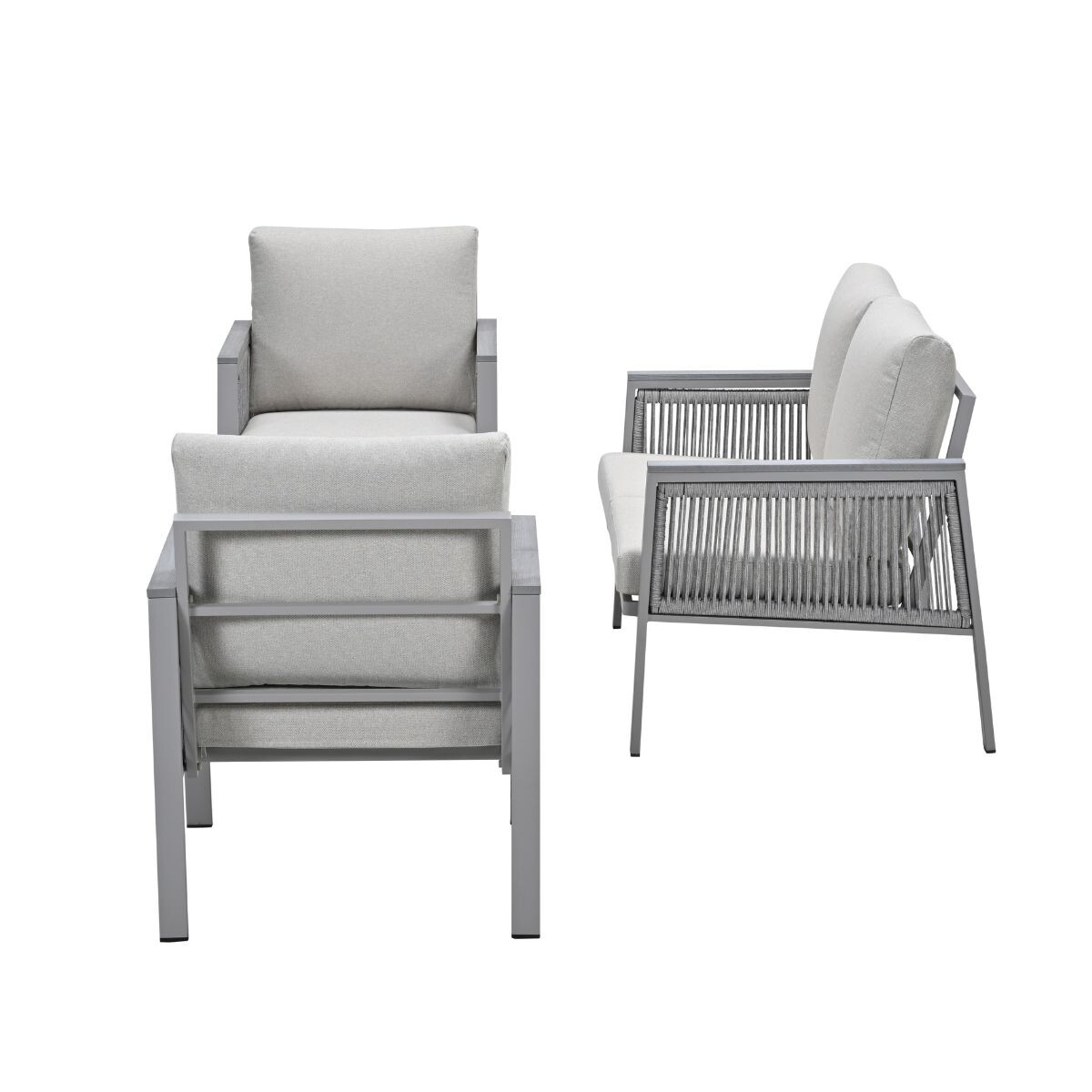 Two grey modern chairs with woven sides and light grey cushions on a white background.