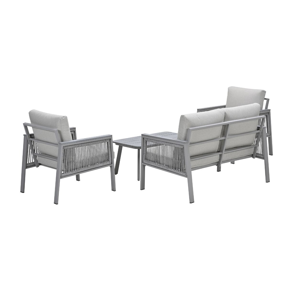 Gray outdoor sofa and armchair with table on white background.