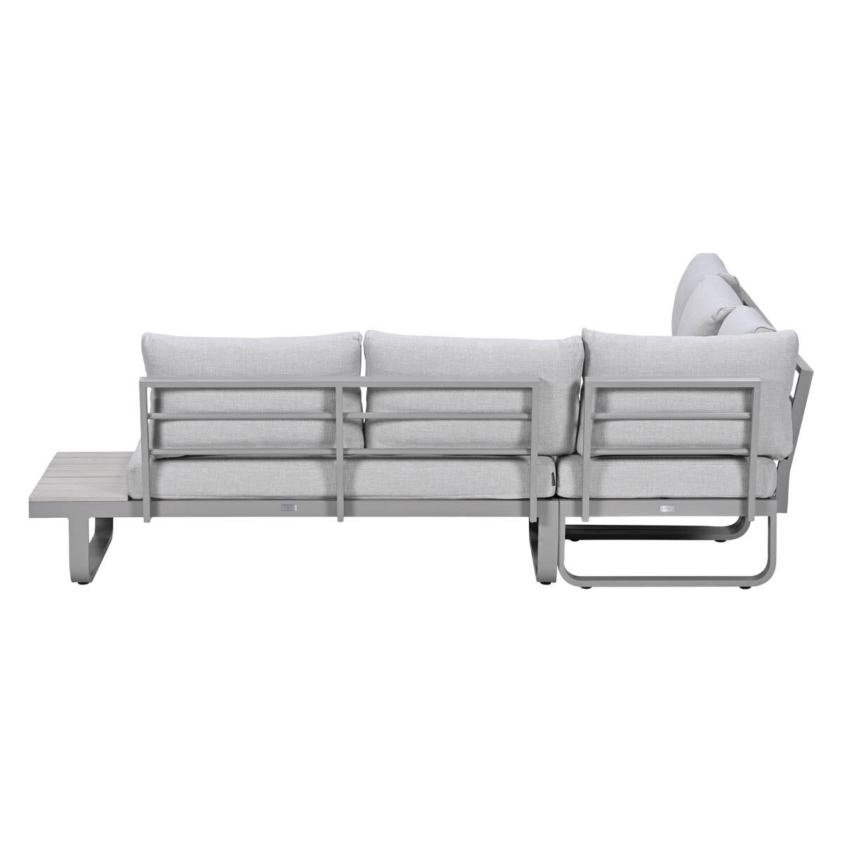 Gray sectional sofa with light gray cushions and metal frame.