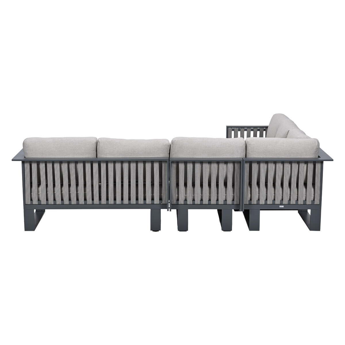 Gray outdoor sofa with light gray cushions, viewed from the back.