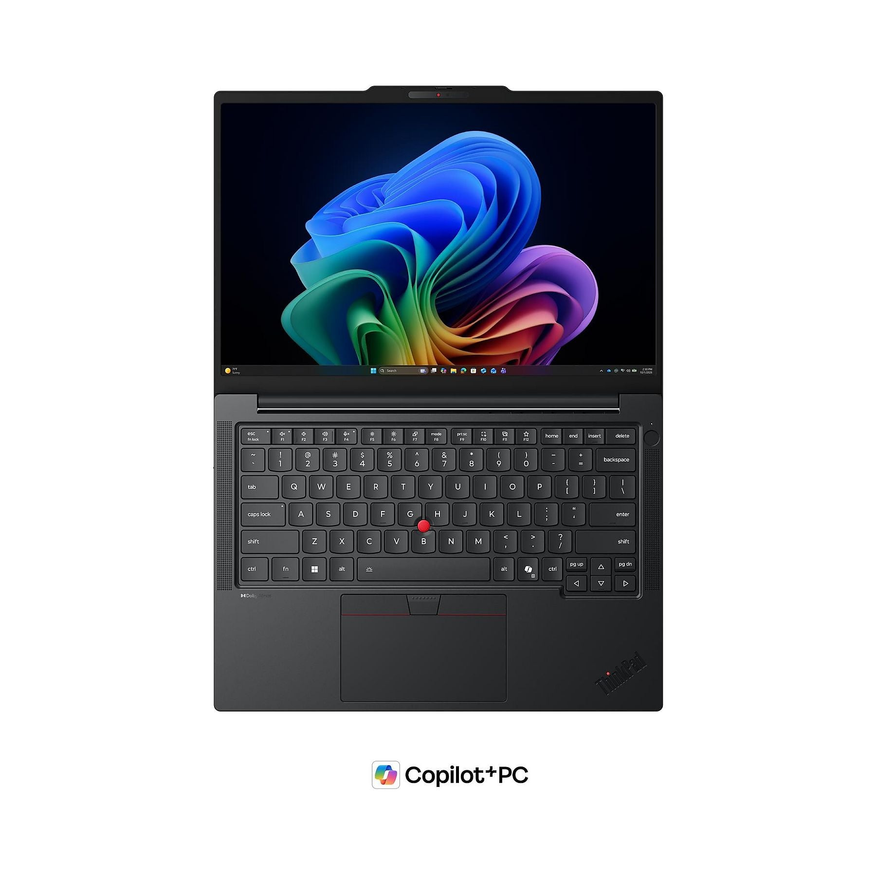 Un laptop nero aperto che visualizza uno sfondo colorato sul suo schermo.