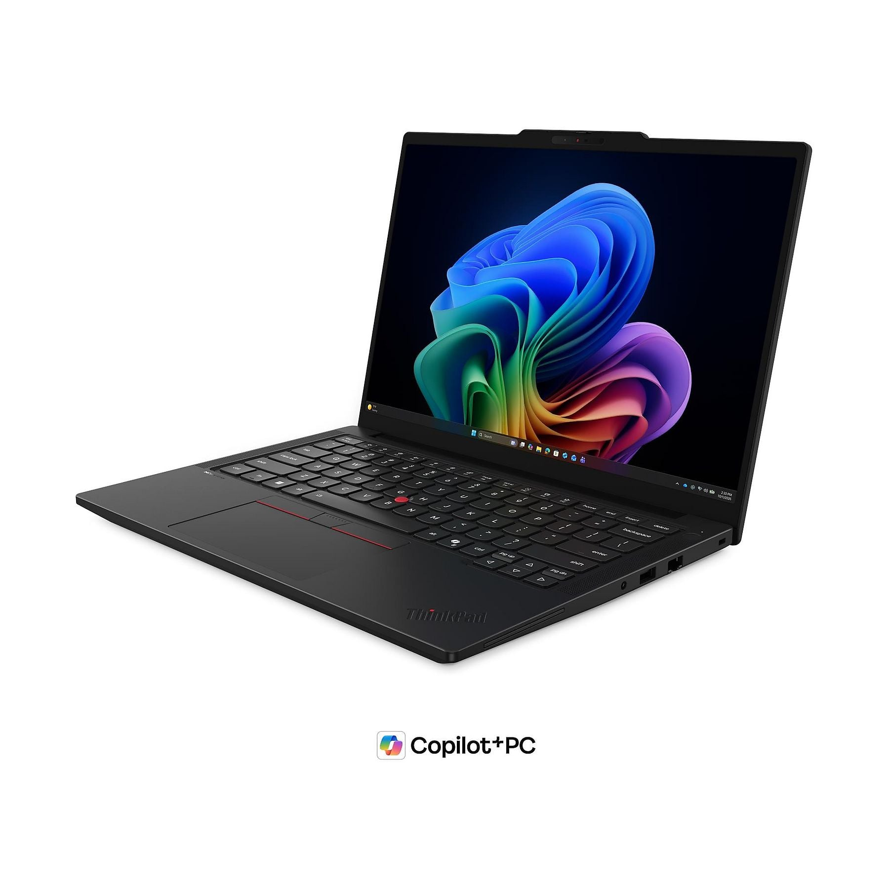 Un laptop ThinkPad nero con lo schermo aperto, che mostra uno sfondo colorato.
