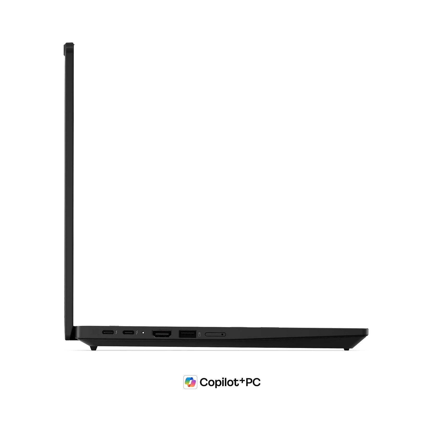 Un laptop nero di profilo che mostra le porte e il logo Copilot+ PC.