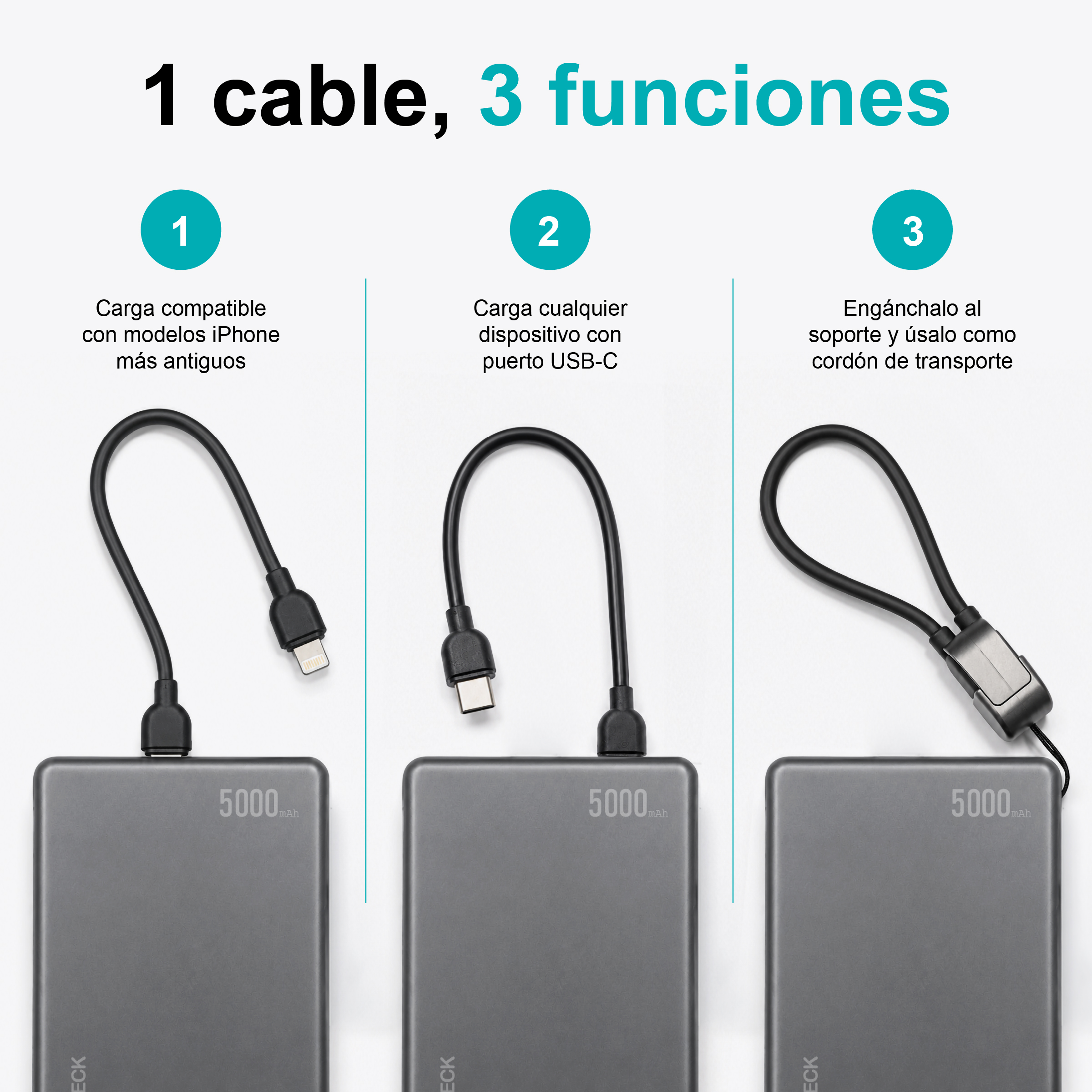 Power bank gris con tres opciones de cable: iPhone, USB-C y cordón.