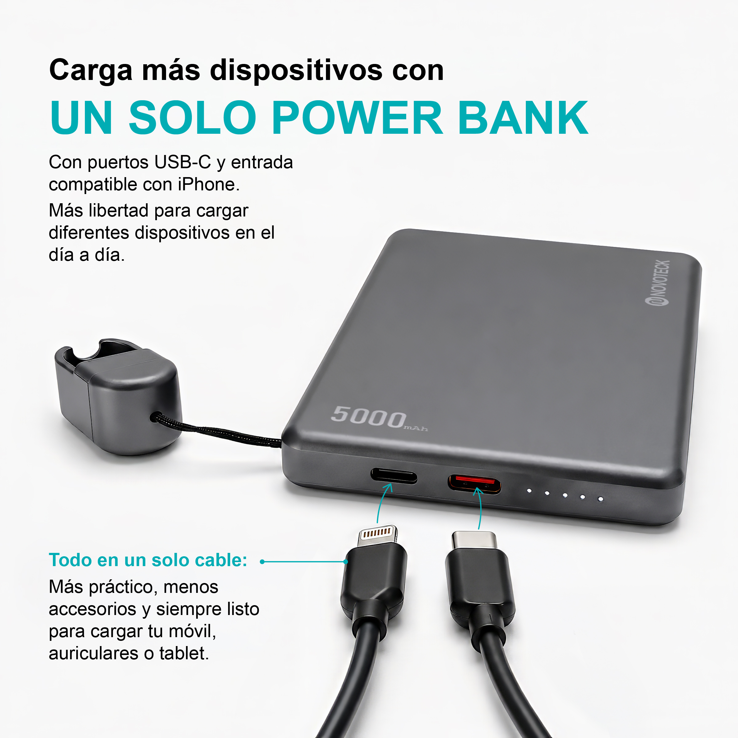 Power bank gris de 5000 mAh con cables USB-C y Lightning.