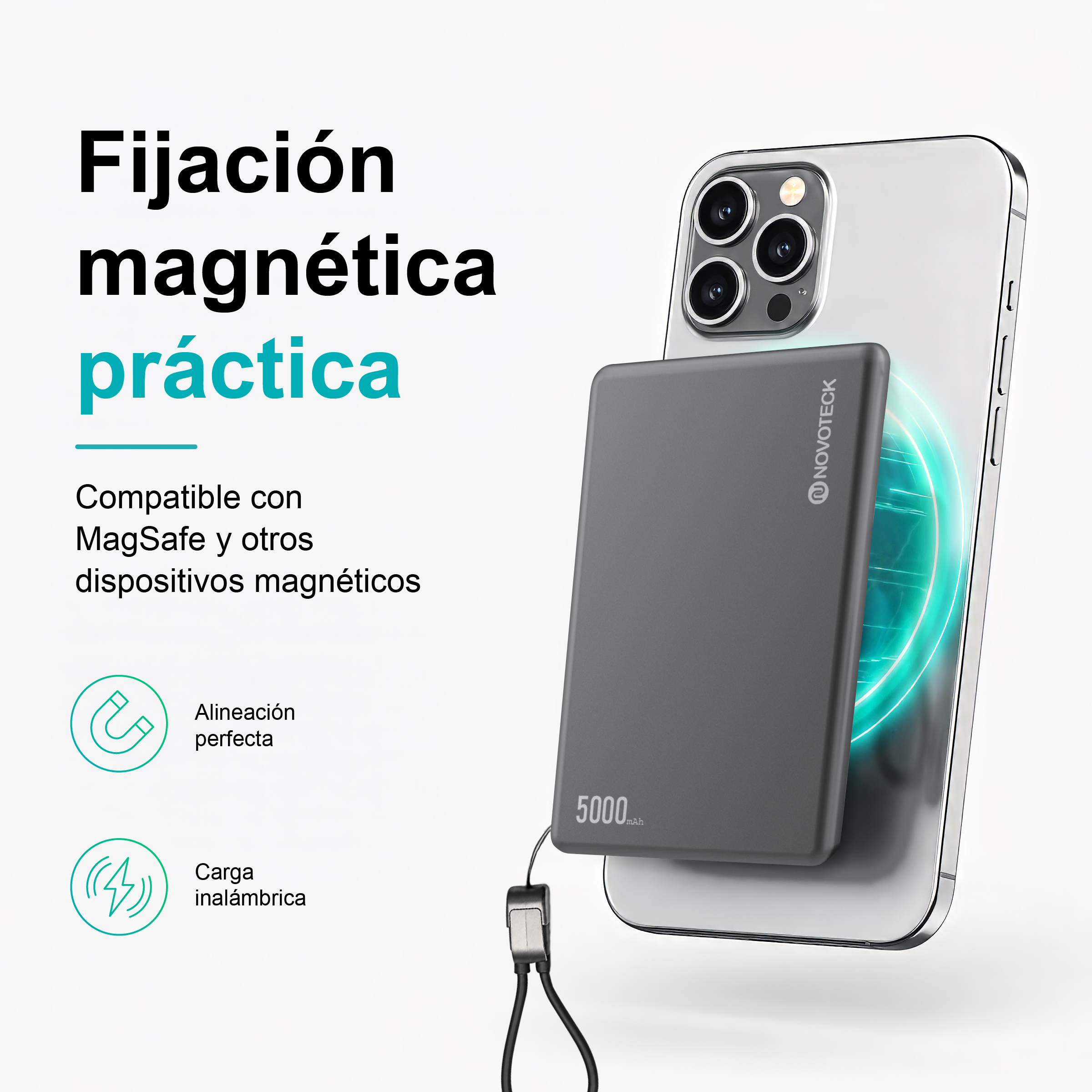 Cargador MagSafe gris de 5000 mAh acoplado a un smartphone.