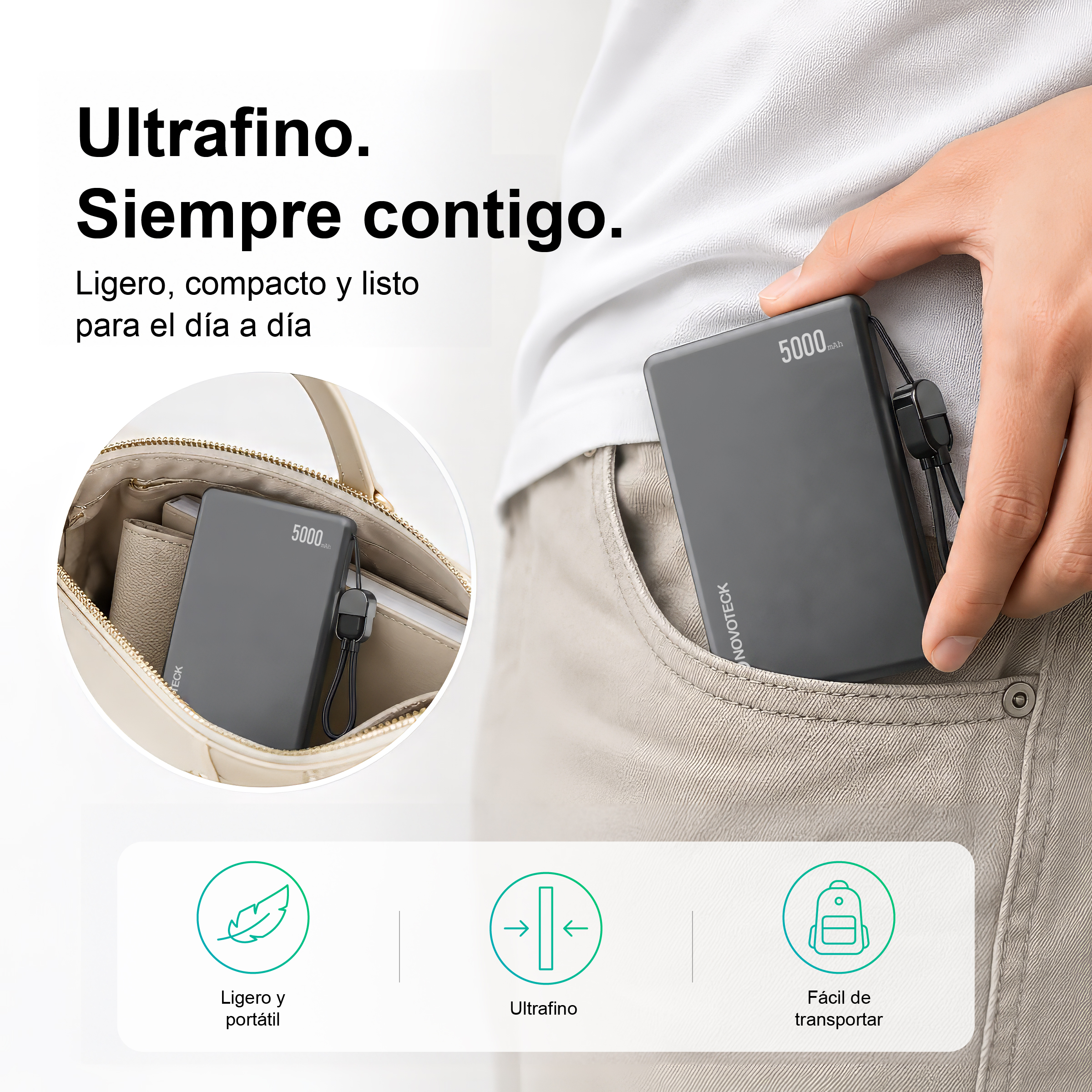 Powerbank gris de 5000mAh en bolso y bolsillo. Ligera y portátil.