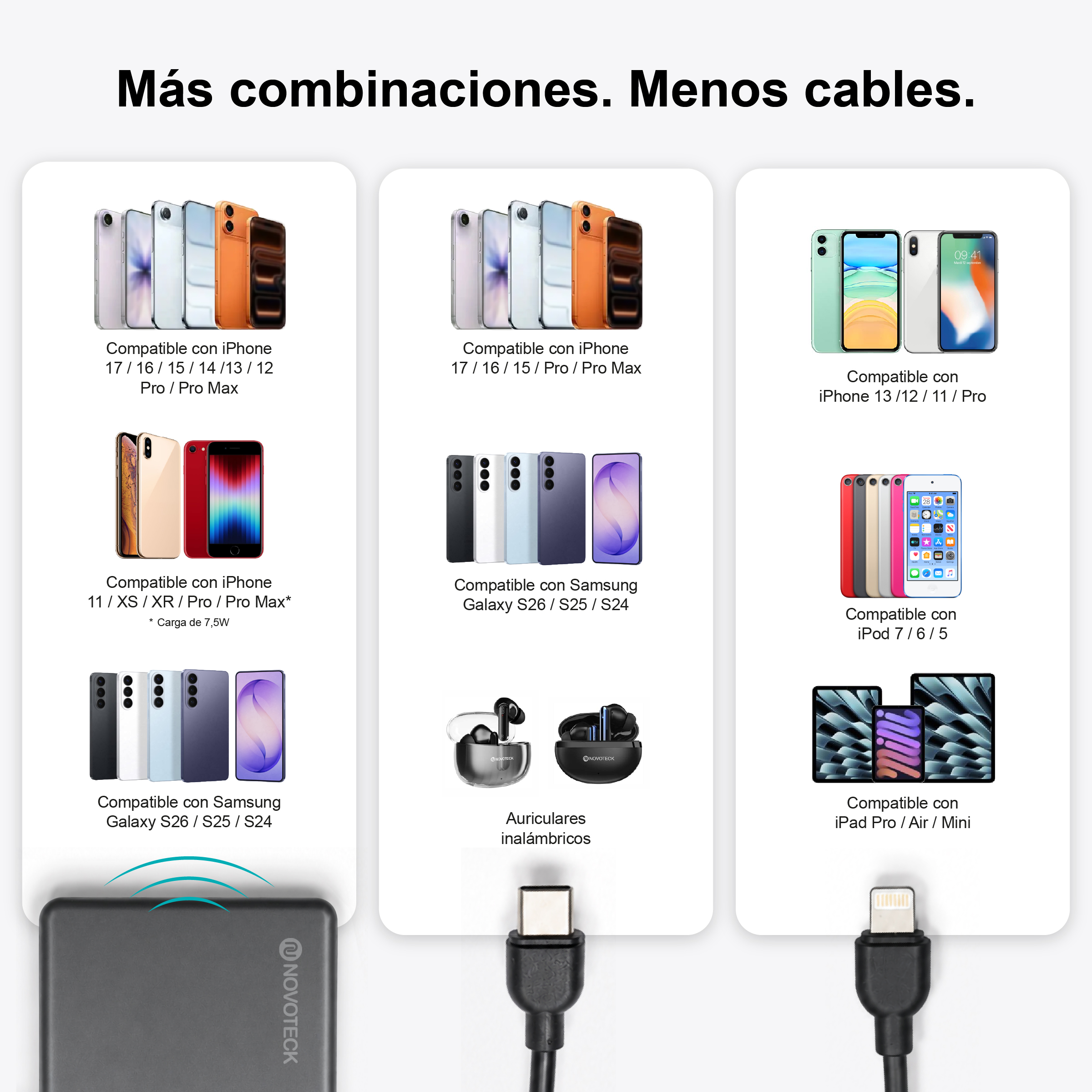 Varios iPhones, iPods, iPads, teléfonos Samsung y auriculares.
