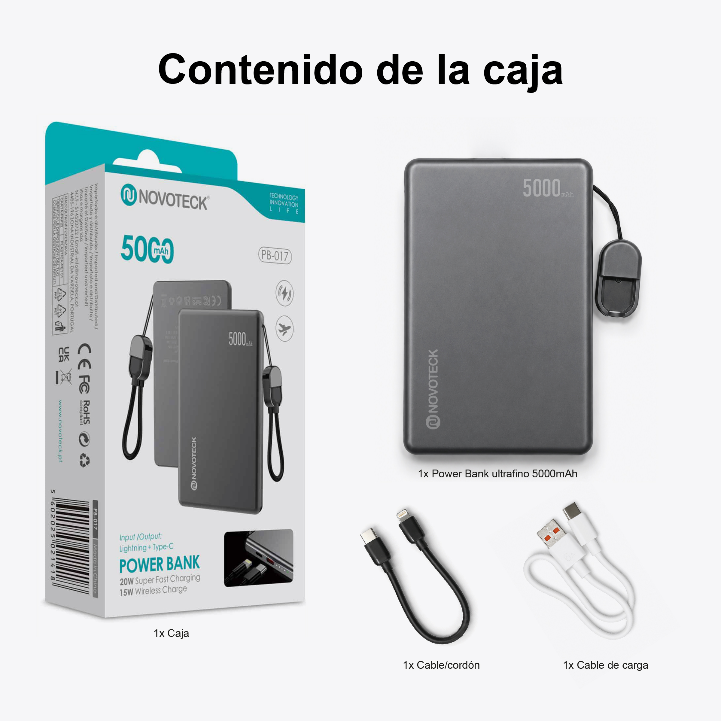 Un set de power bank Novoteck gris de 5000mAh con cables y caja.