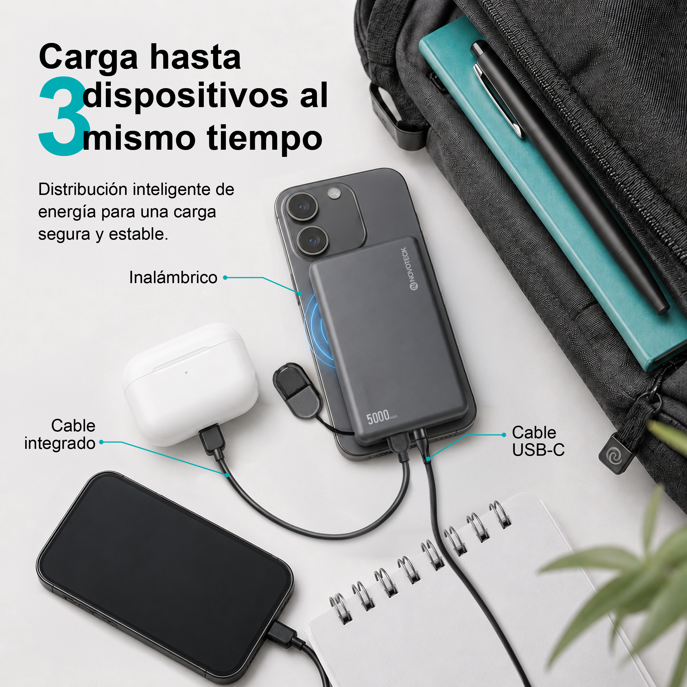 Se muestran un smartphone negro, auriculares blancos y una batería externa.