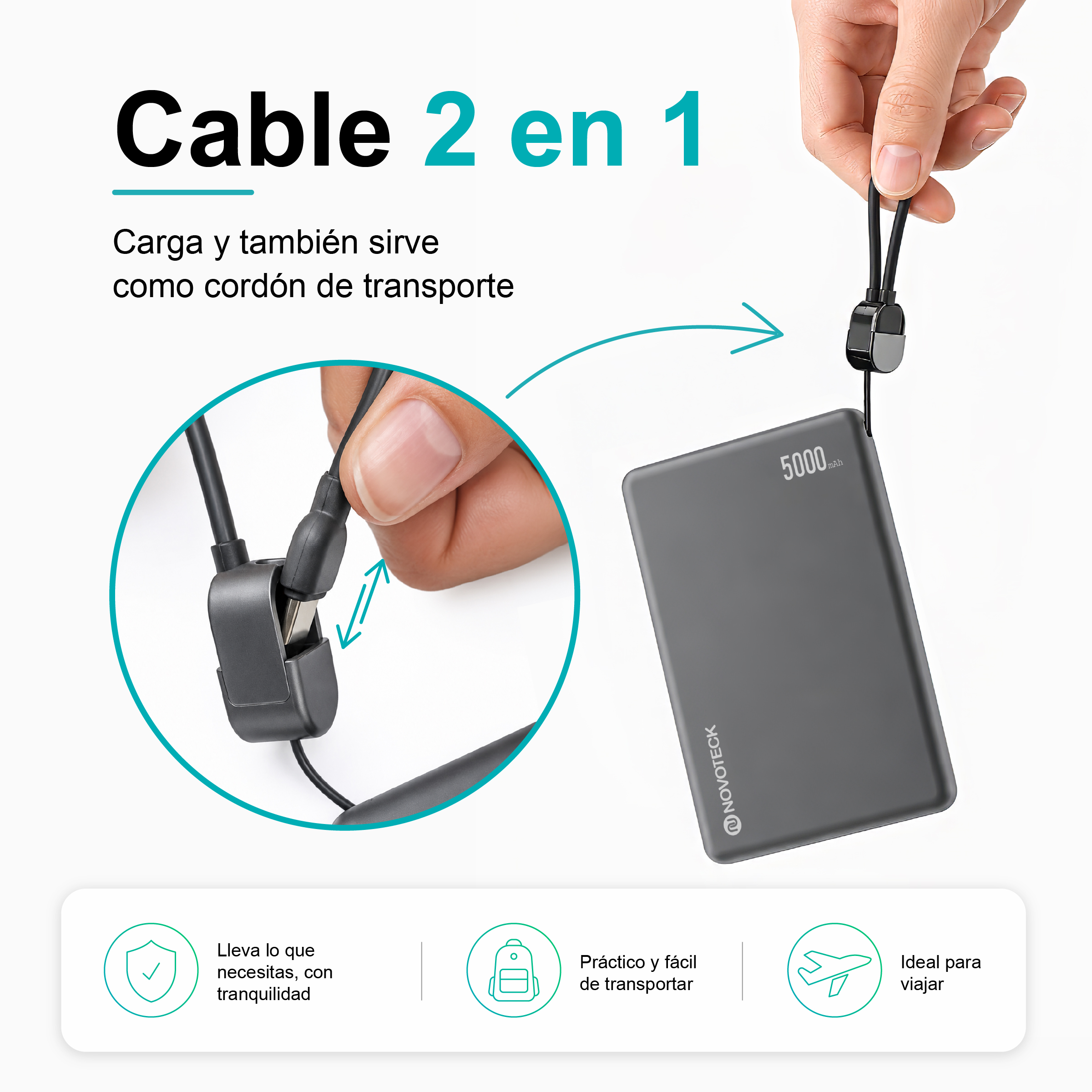 Power bank gris de 5000 mAh con cable de carga que sirve de cordón.