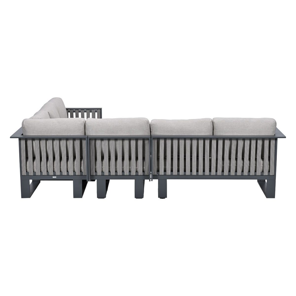 Gray sectional sofa with vertical slats and light gray cushions on a white background.