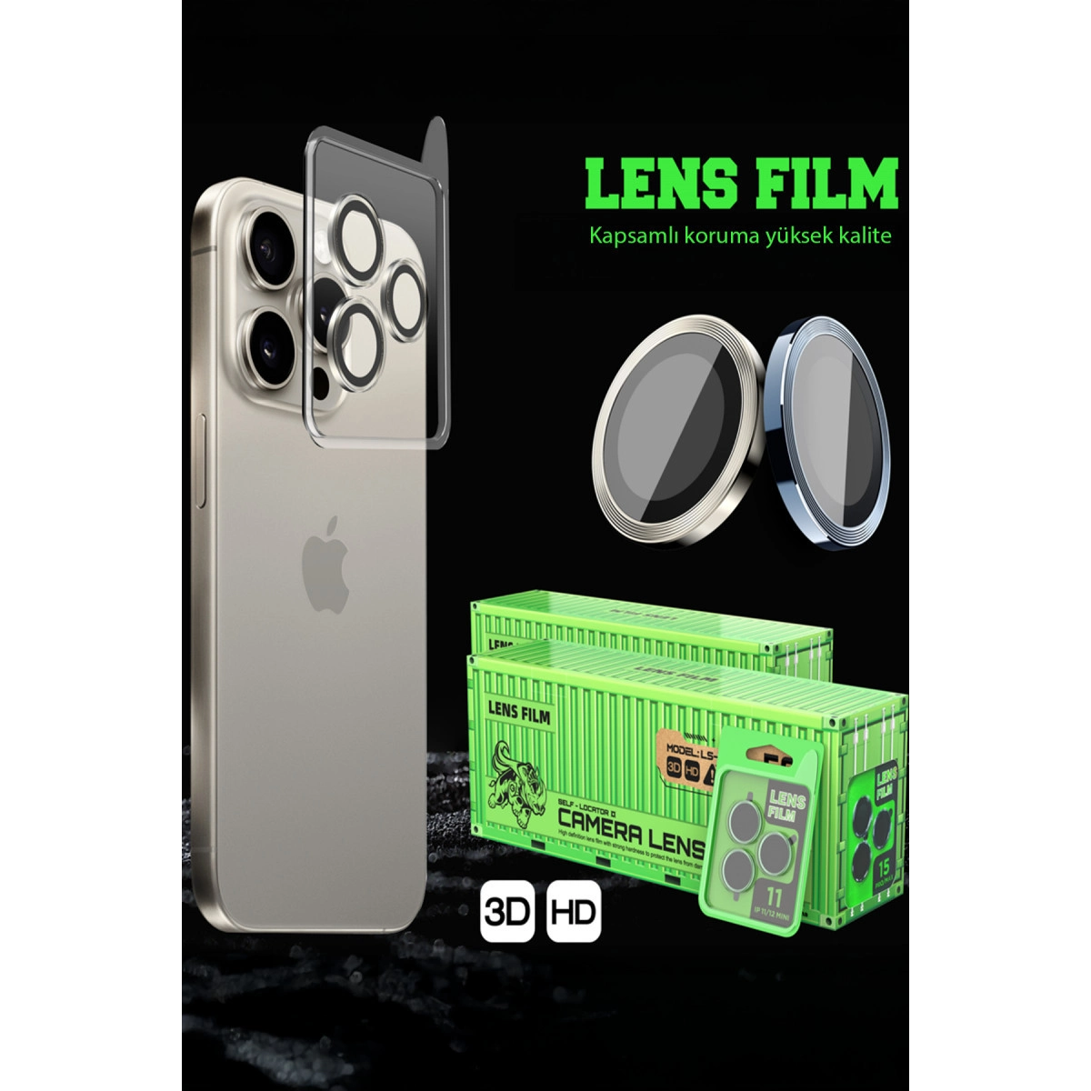 Kamera lens kapakları, ambalajı ve koruyucu halkaları olan bir akıllı telefon.