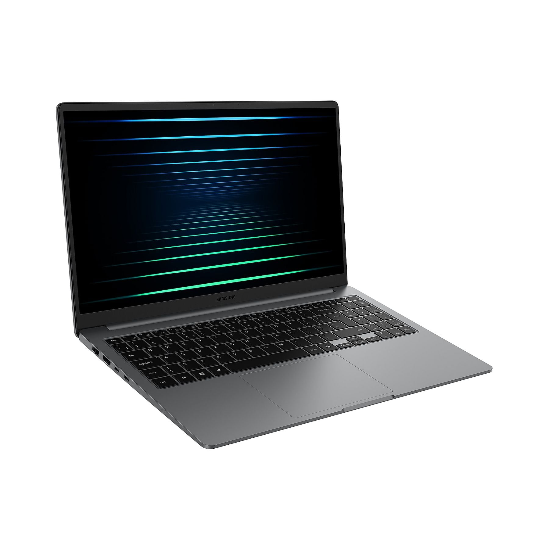 Un laptop Samsung grigio con linee blu-verdi sullo schermo.