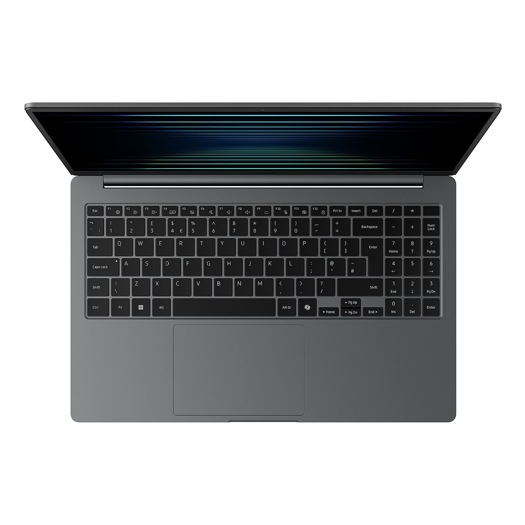 Un laptop grigio chiuso con linee blu-verdi sullo schermo.
