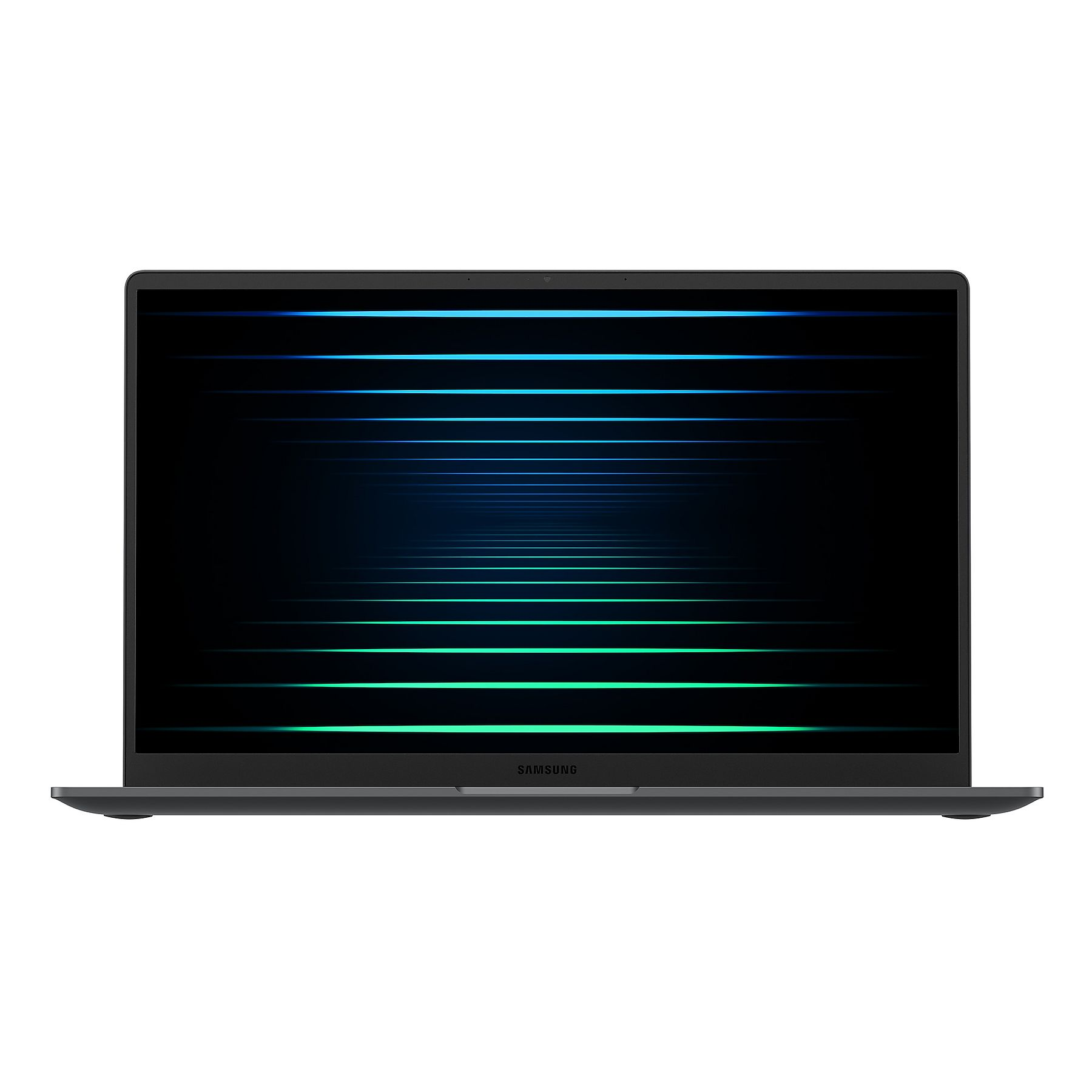 Un laptop Samsung grigio scuro chiuso mostra uno sfondo con linee orizzontali blu e verdi.