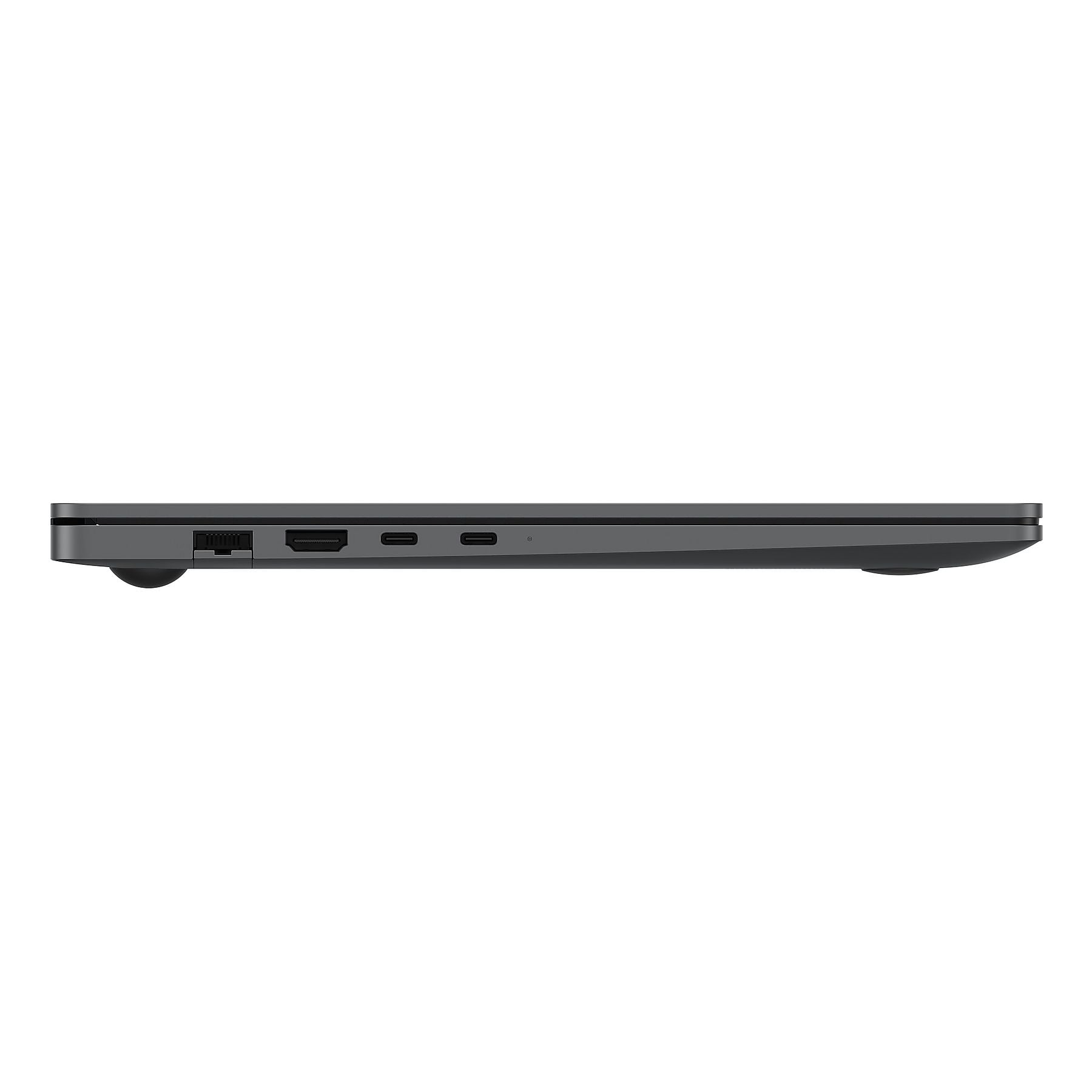 Profilo laptop grigio con porte: USB, HDMI e connettore di alimentazione.