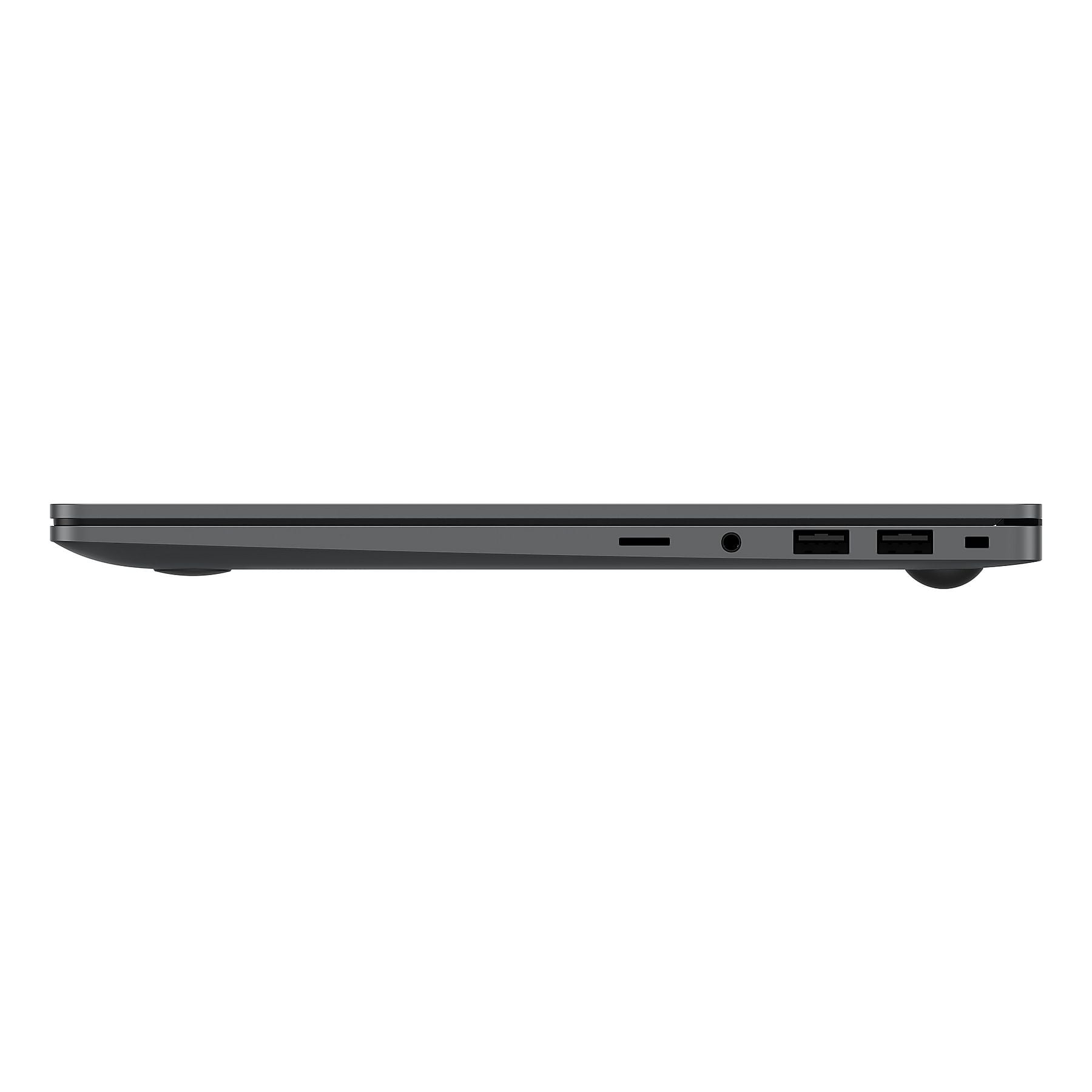 Profilo laptop grigio con porte: lettore schede SD, jack cuffie, due porte USB, alimentatore.