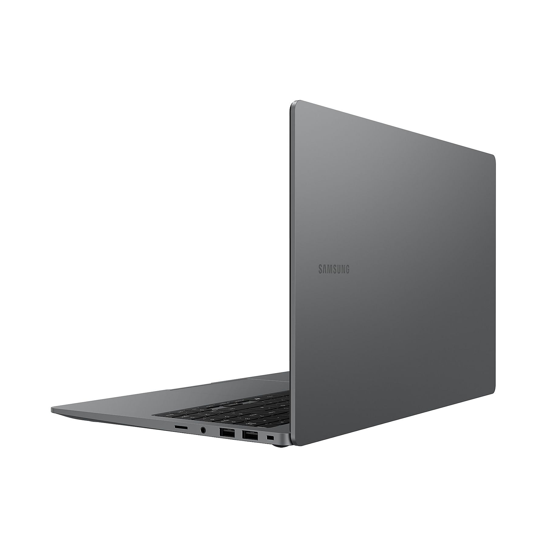 Un laptop Samsung grigio chiuso con porte e tastiera visibili.