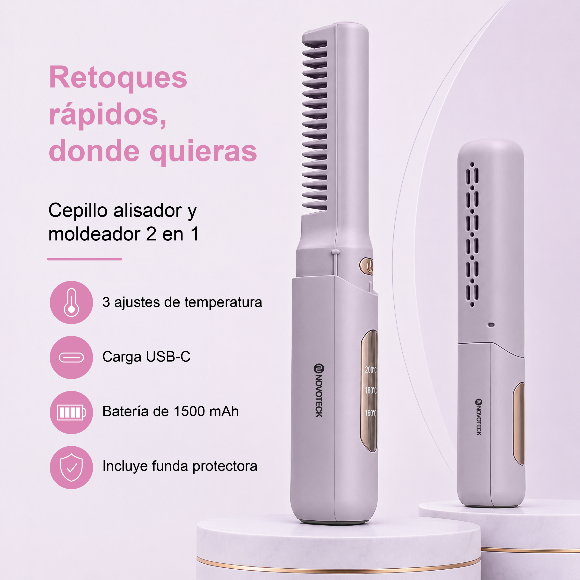 Un cepillo alisador morado con carga USB-C y 3 ajustes de temperatura.