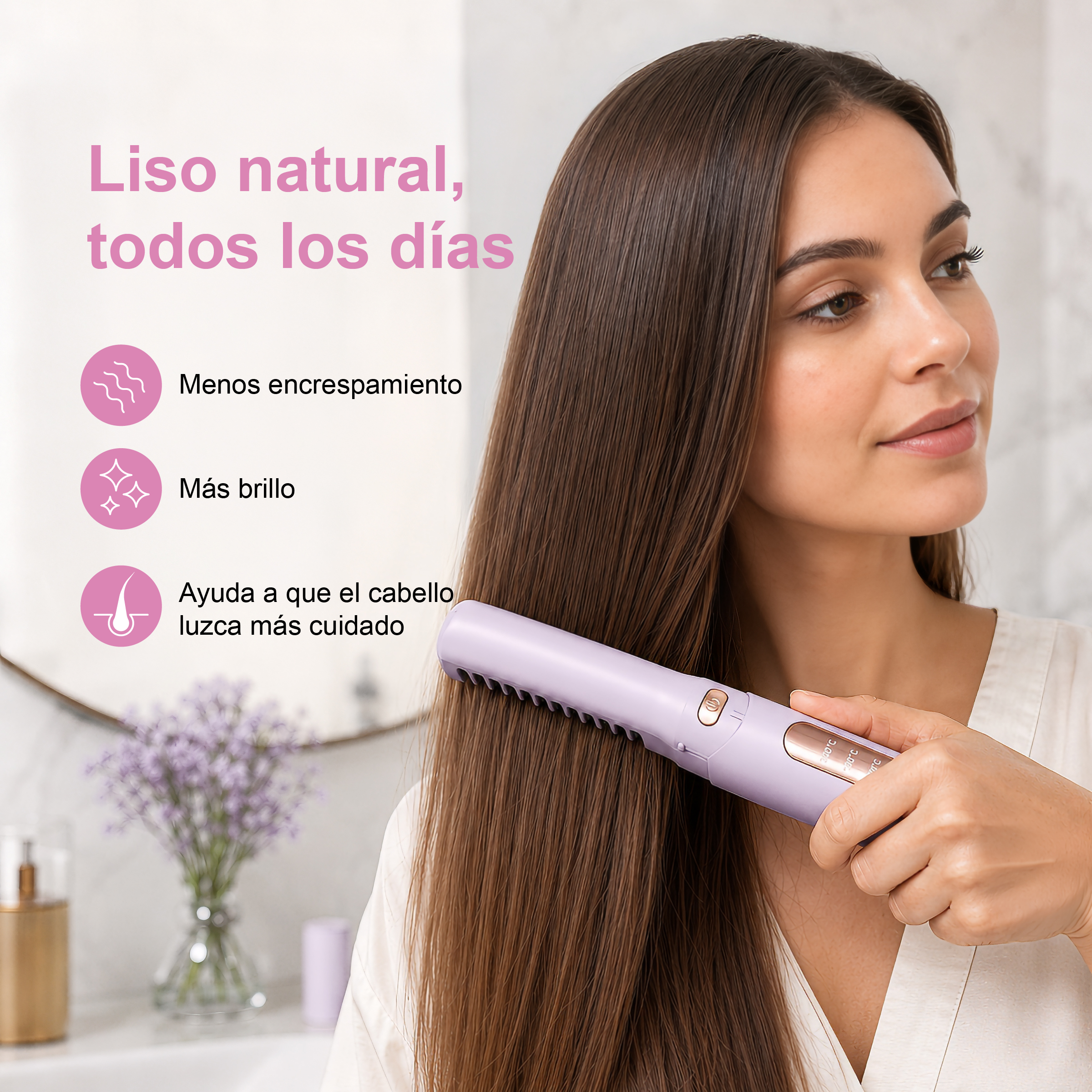 Una mujer alisa su pelo castaño con una plancha morada para un look natural.
