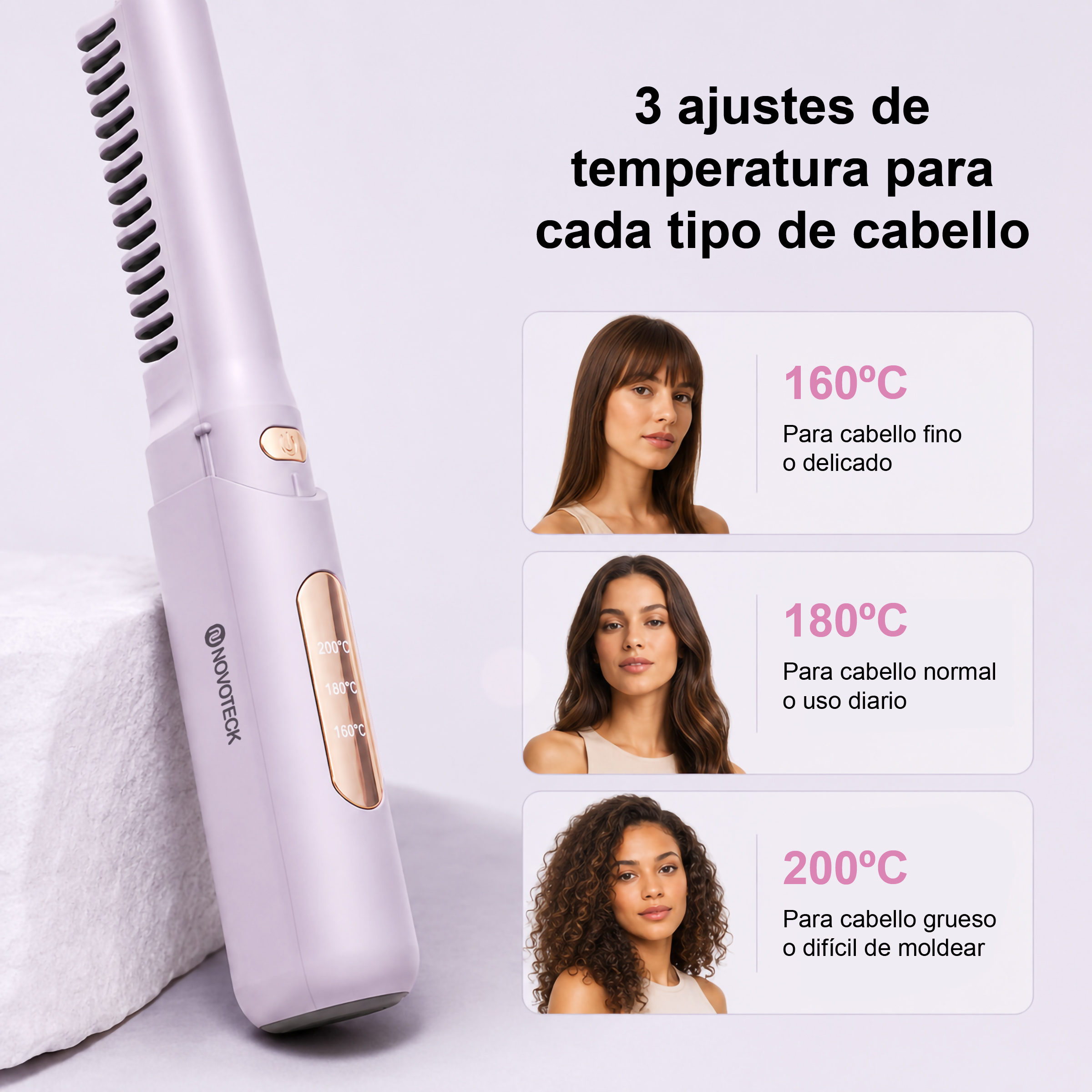 Plancha de pelo morada con 3 ajustes de temperatura para diferentes cabellos.