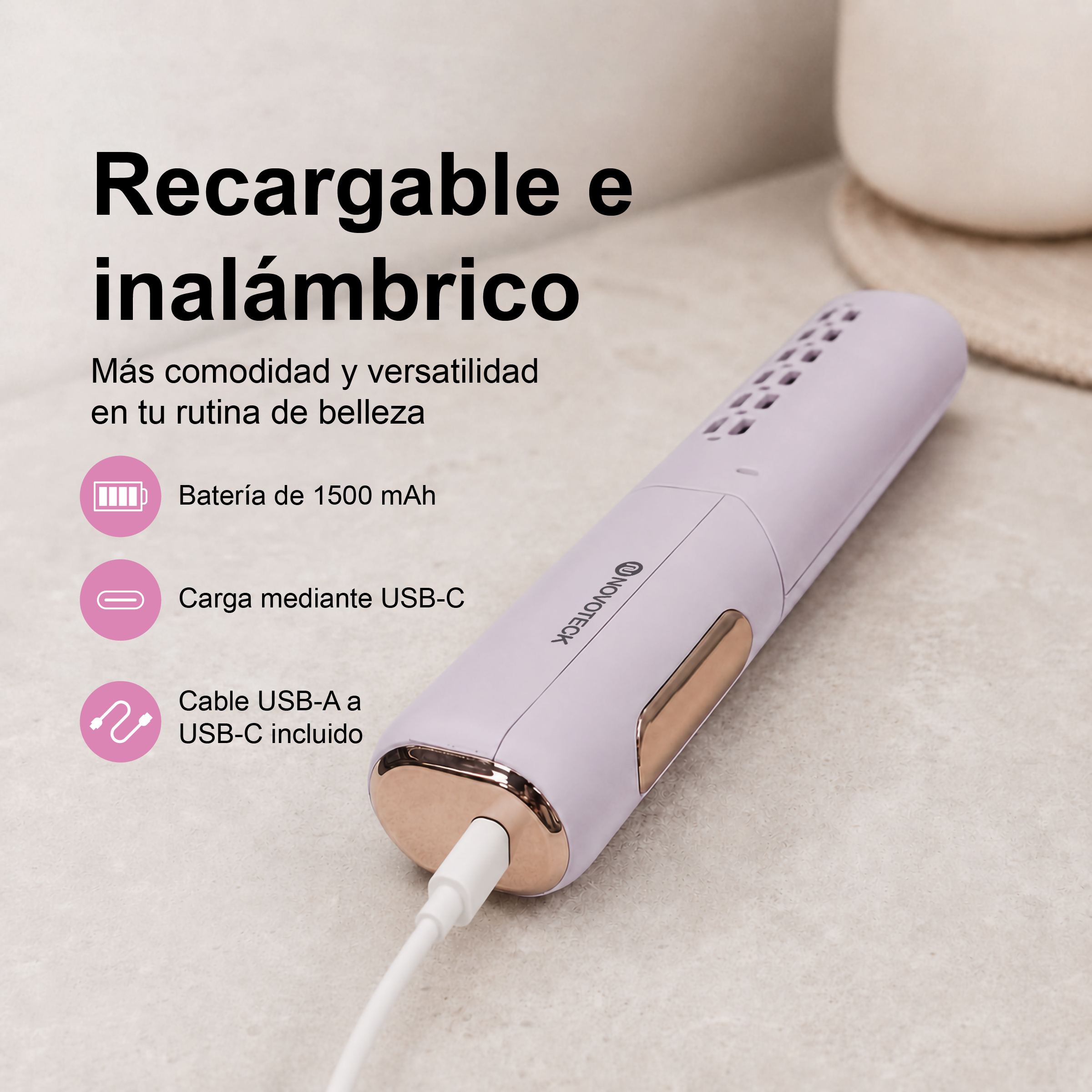 Un dispositivo de belleza recargable, color lila, con puerto USB-C y cable.