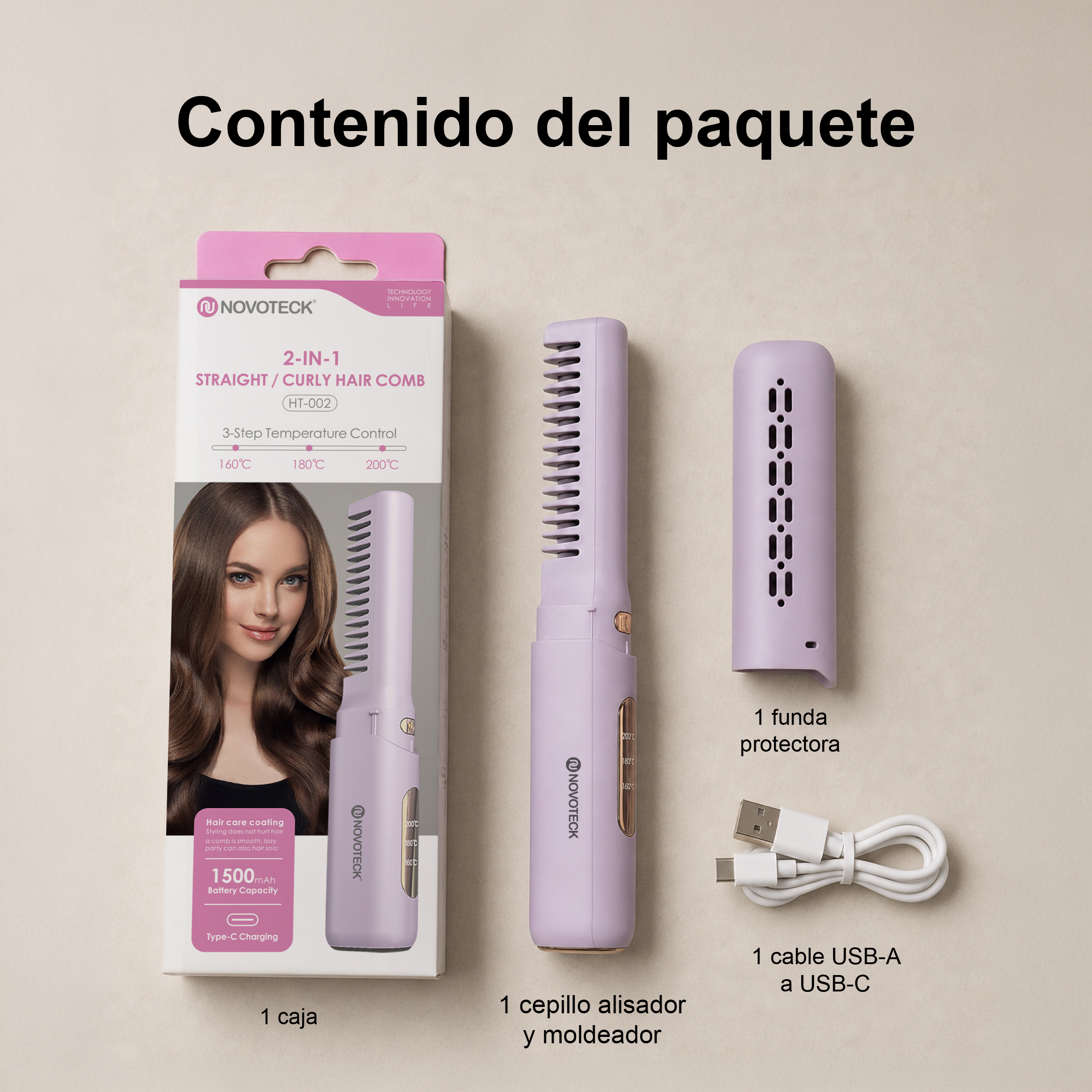 Contenido del paquete: Peine morado, funda protectora, cable USB-C, caja.