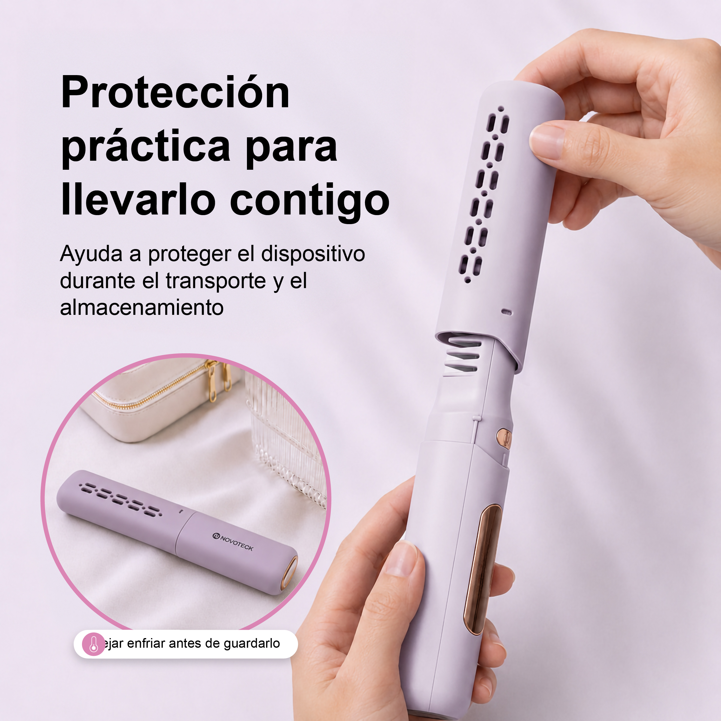 Una mano sostiene un dispositivo morado con ventilación. Otro dispositivo yace cerca.