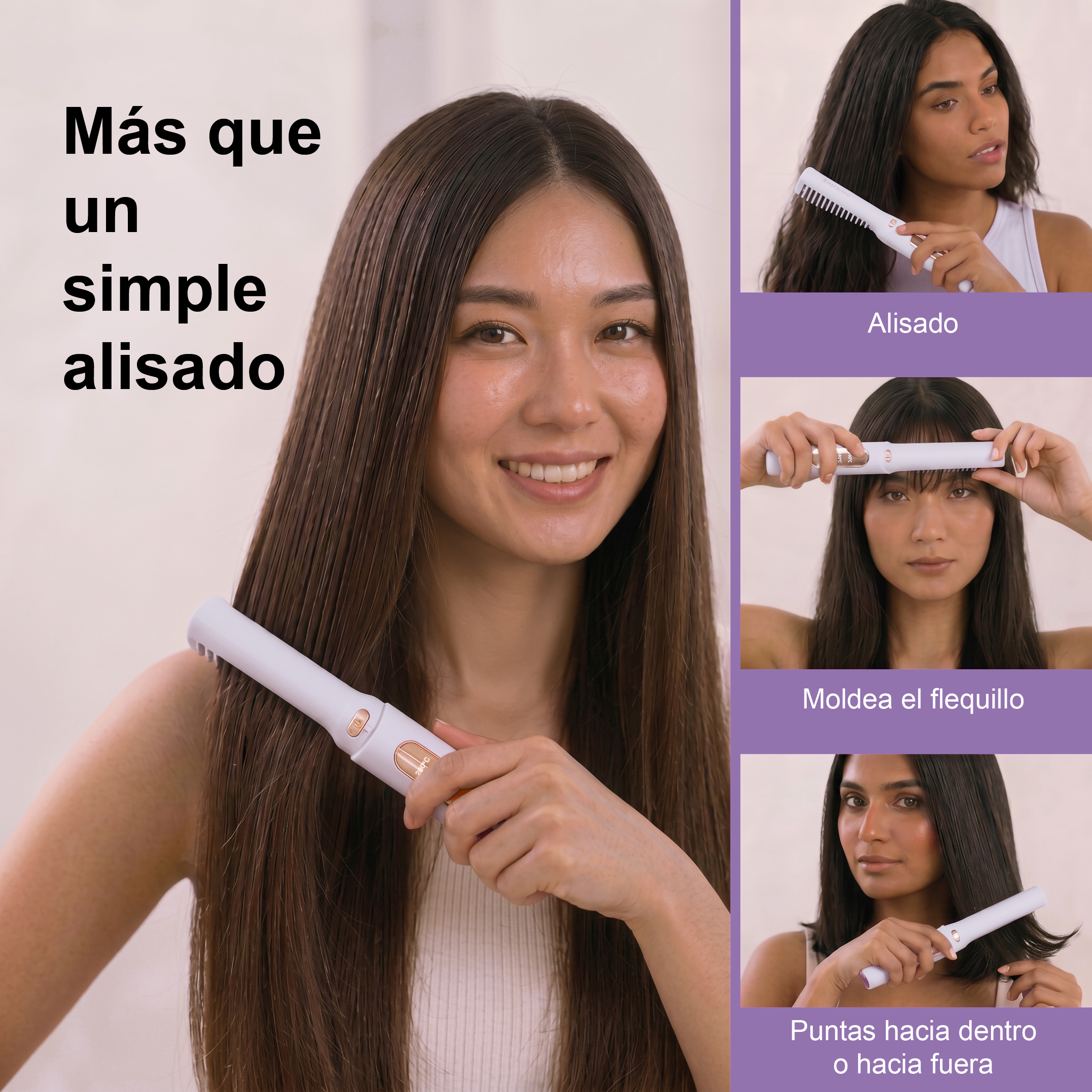 Mujeres peinan su cabello con un peine alisador: alisar, dar forma al flequillo, puntas hacia adentro o afuera.