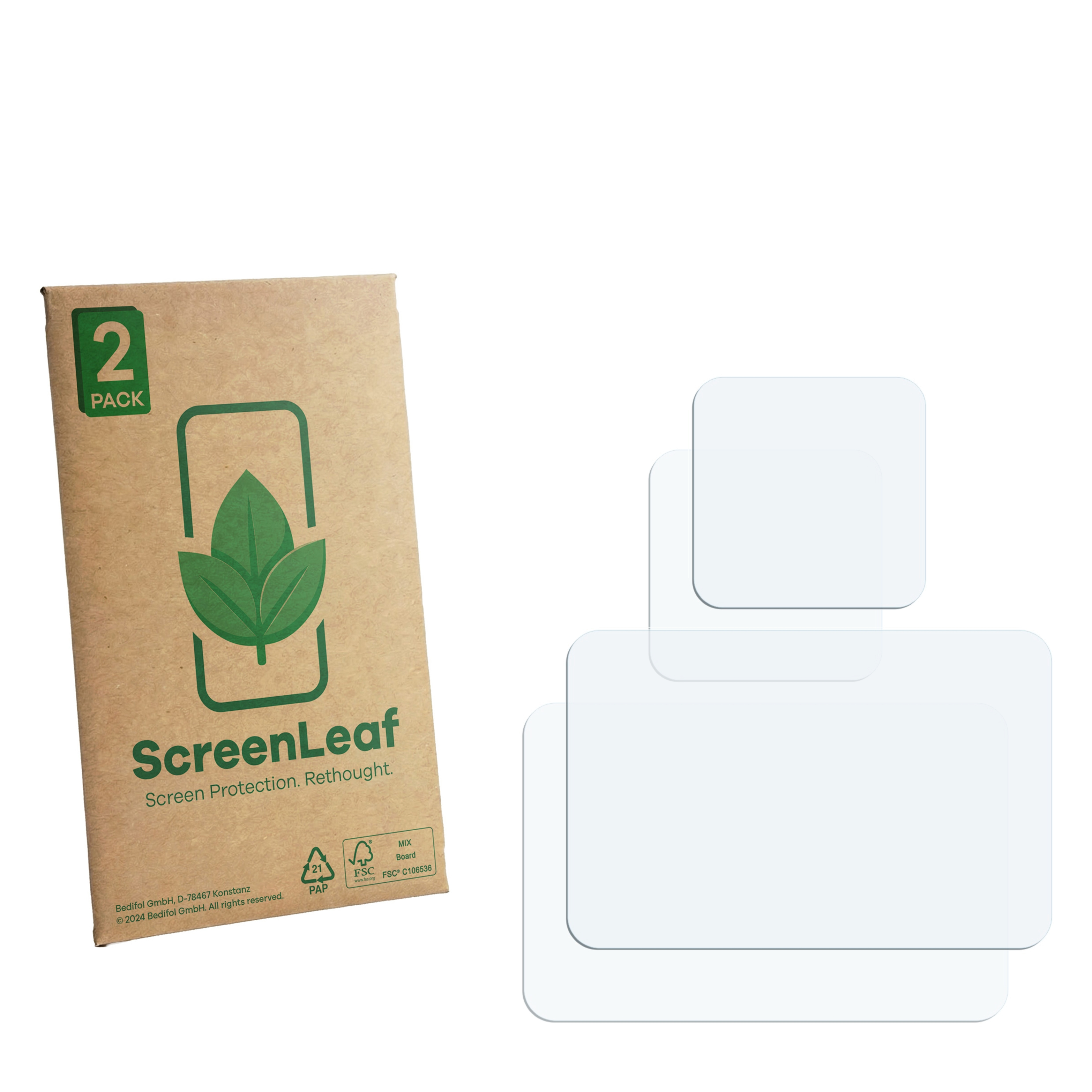 Eine braune Packung mit zwei Displayschutzfolien und einem grünen Blatt-Logo.
