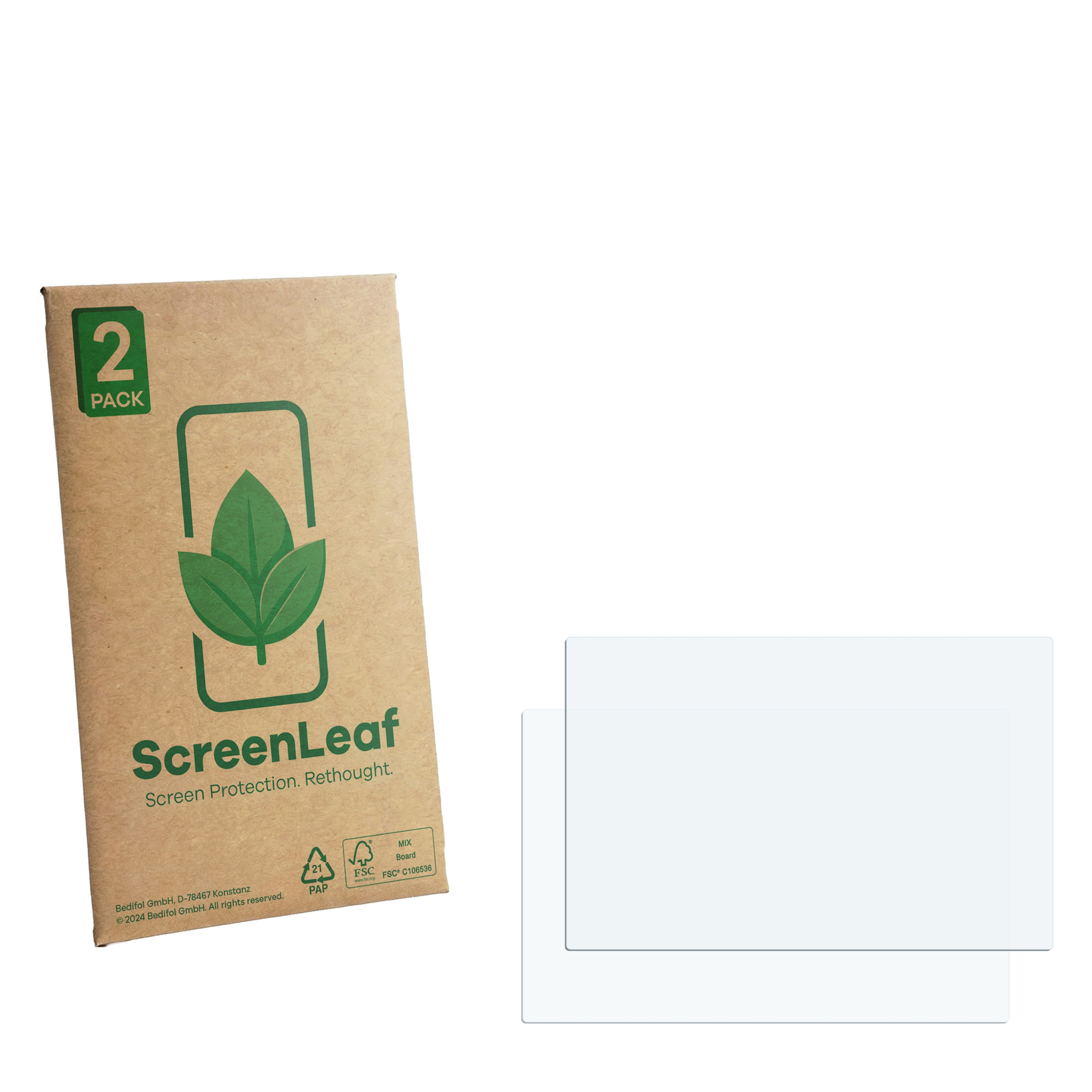 Zwei Stück Displayschutzfolien und eine braune Verpackung mit grünen Blatt-Logo.