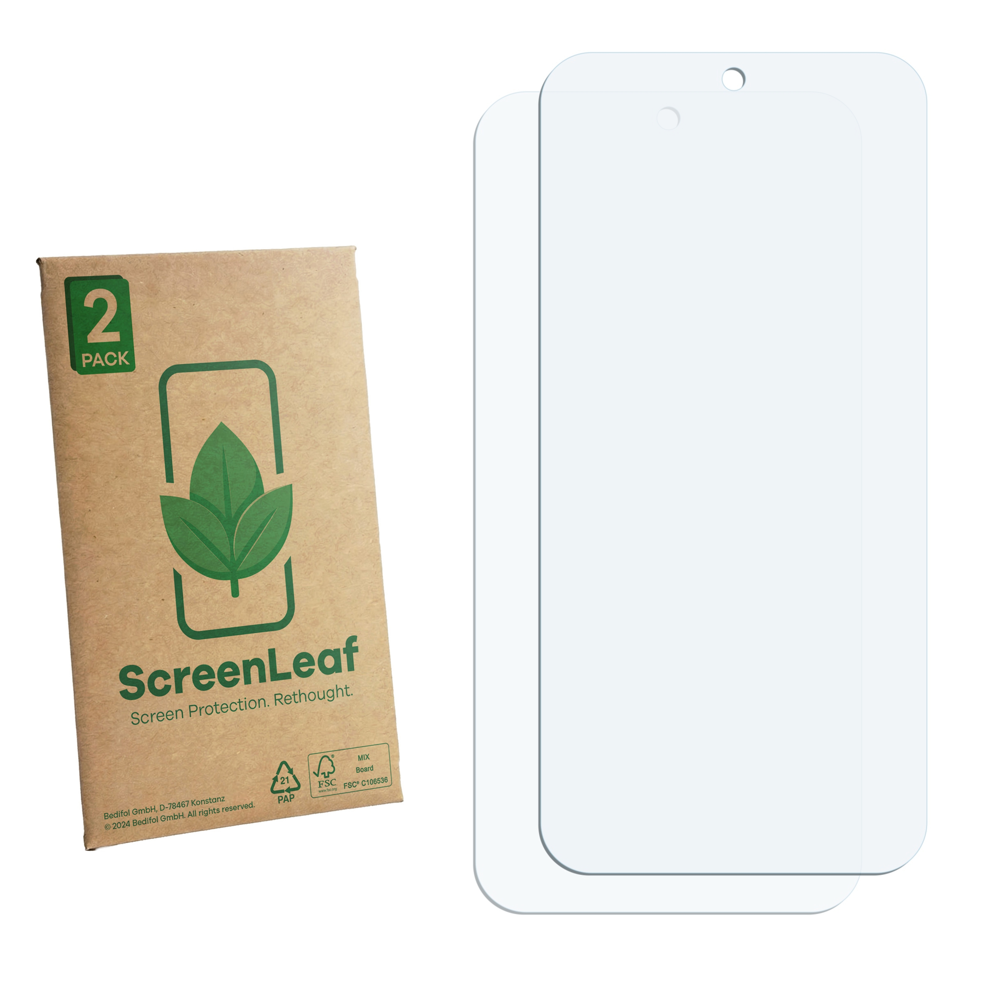 Zwei transparente Displayschutzfolien neben einer braunen Packung mit zwei Schutzfolien.