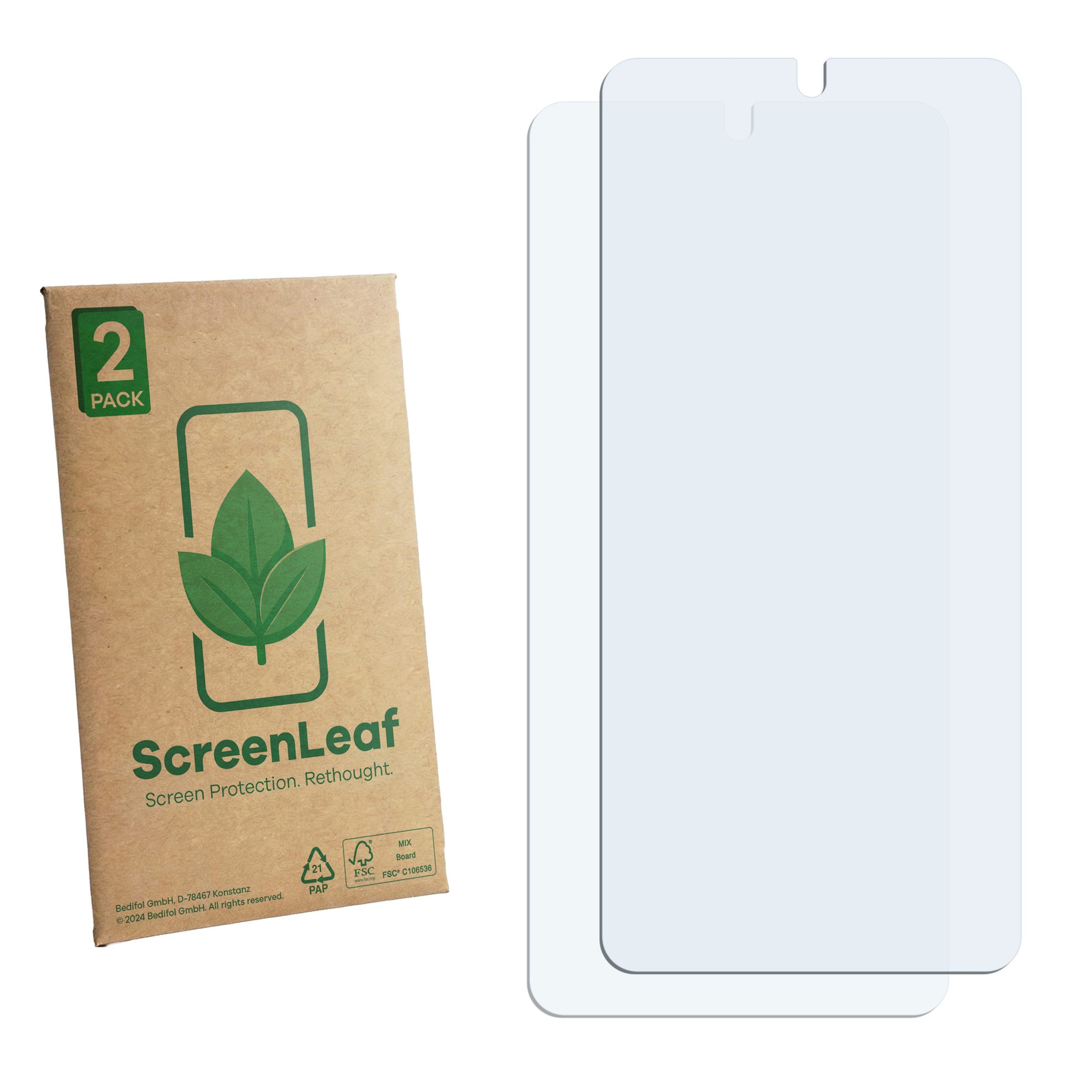 Zwei durchsichtige Displayschutzfolien und eine braune Verpackung mit grünem Blattlogo.