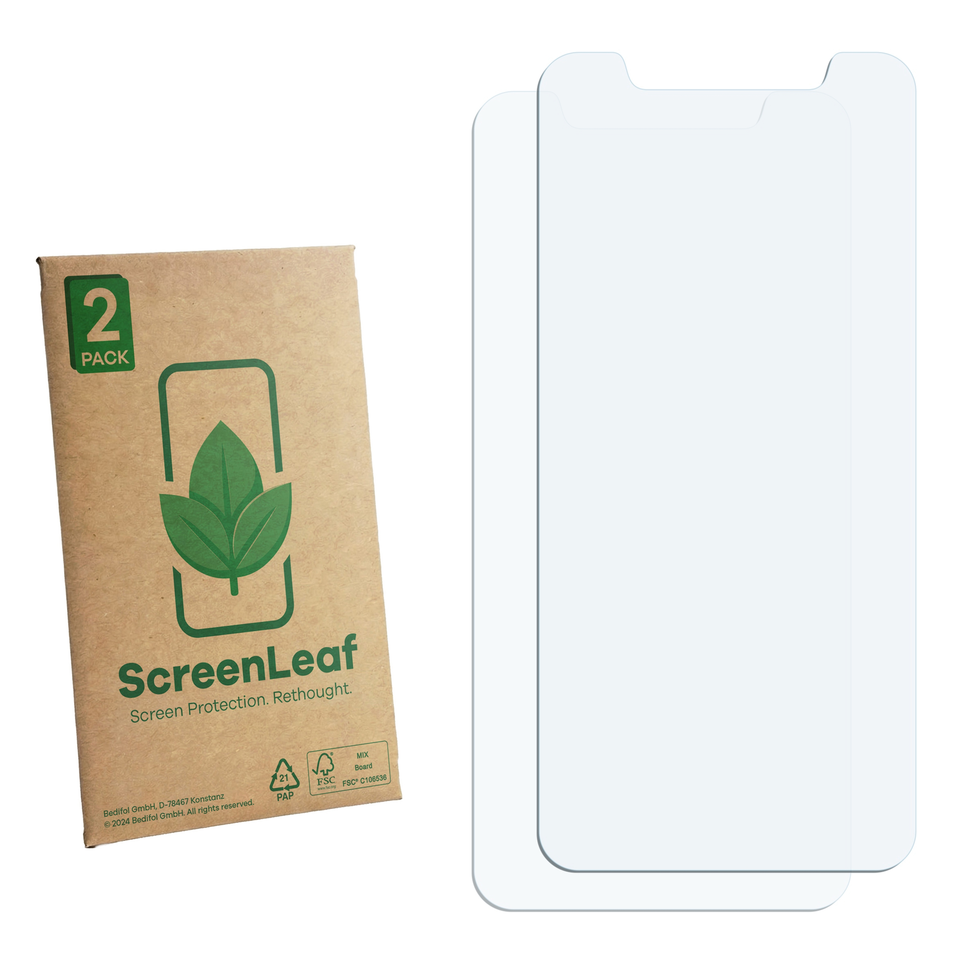 Zwei Displayschutzfolien neben einer braunen Verpackung mit grüner Blattgrafik.