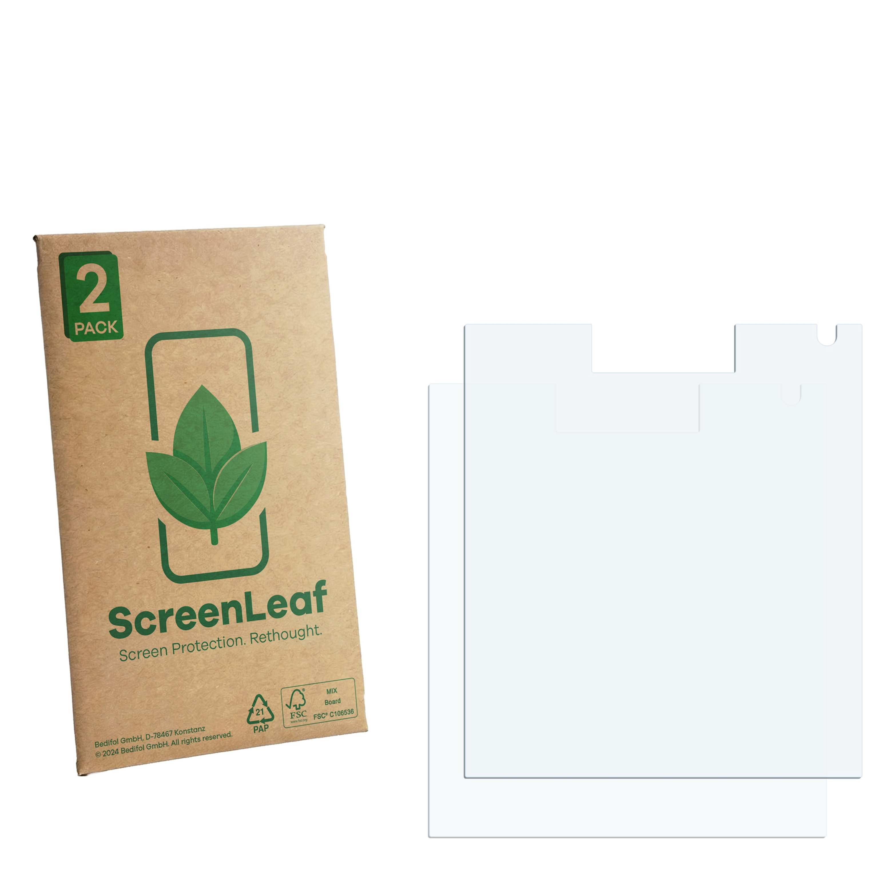 Zwei Displayschutzfolien und eine Packung mit der Aufschrift ScreenLeaf.
