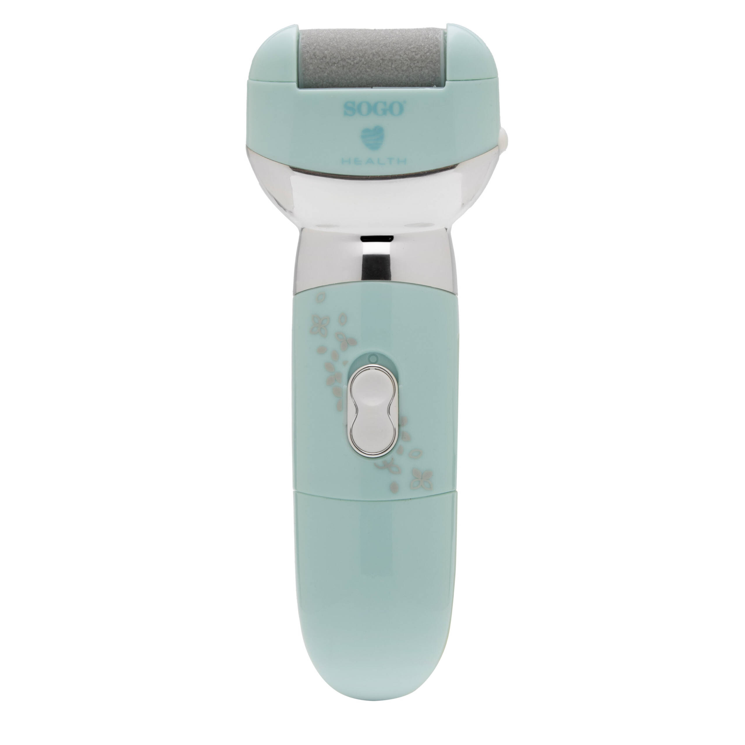 Un esfoliatore elettrico azzurro con accenti argentati e motivo floreale.