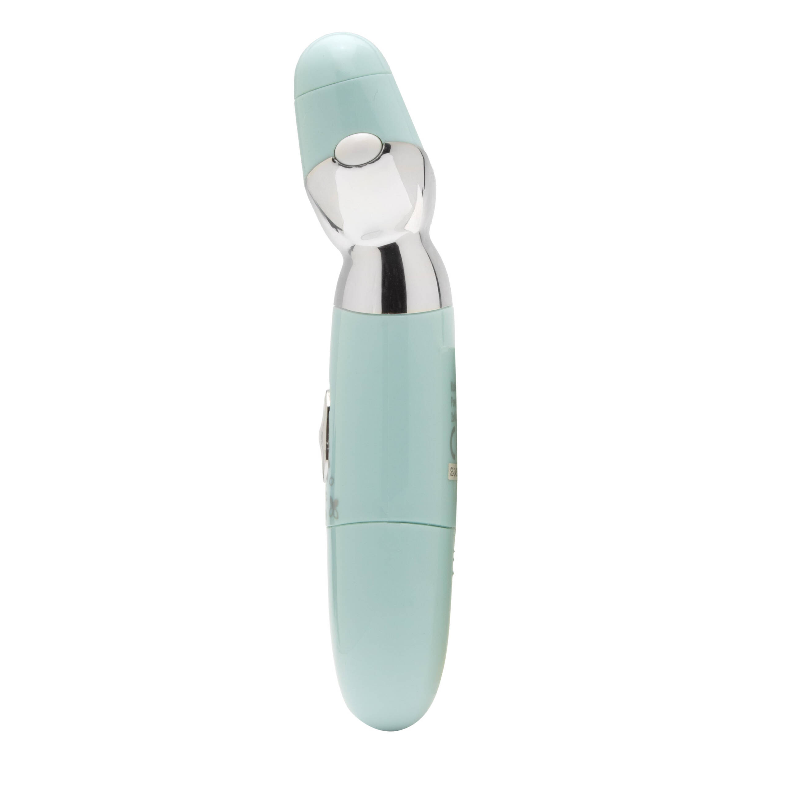 Un dispositivo portatile ergonomico verde chiaro con accenti argentati.