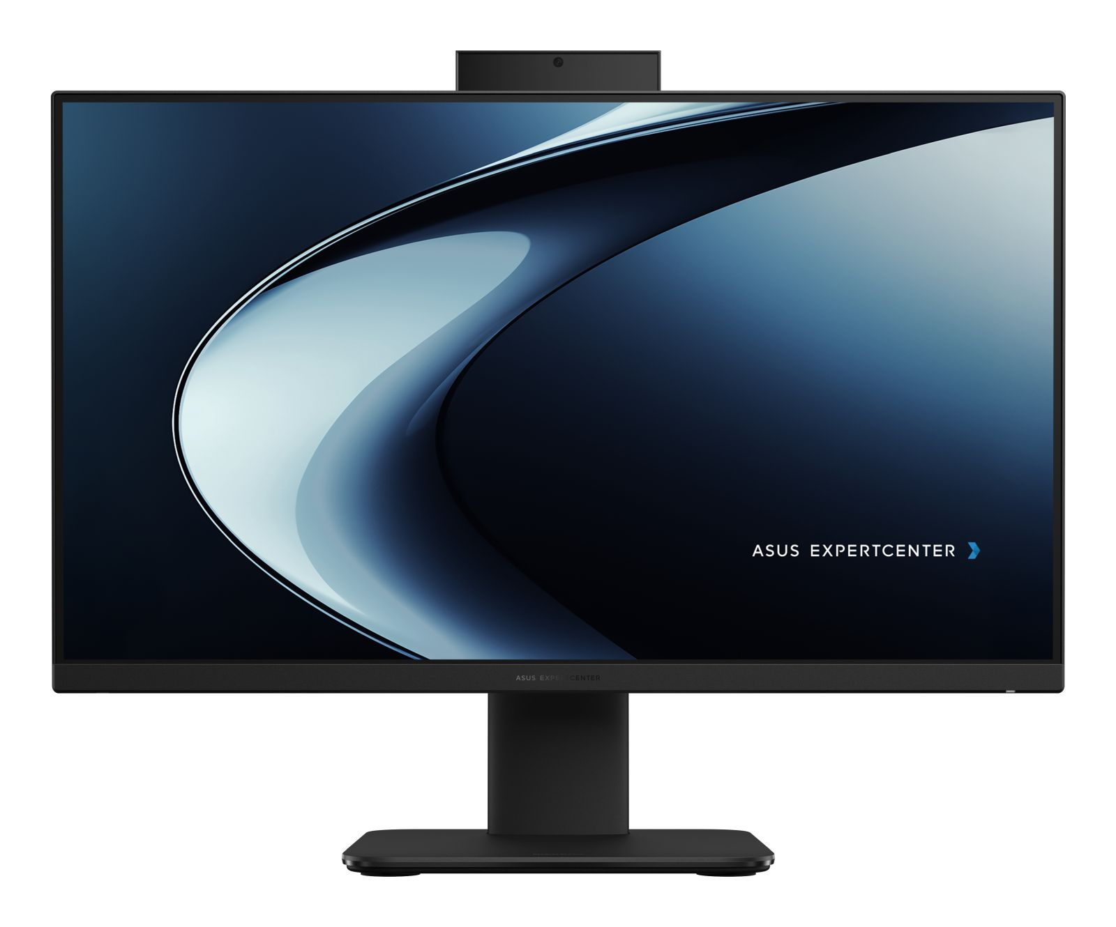 Computer all-in-one nero con webcam e sfondo astratto scuro.