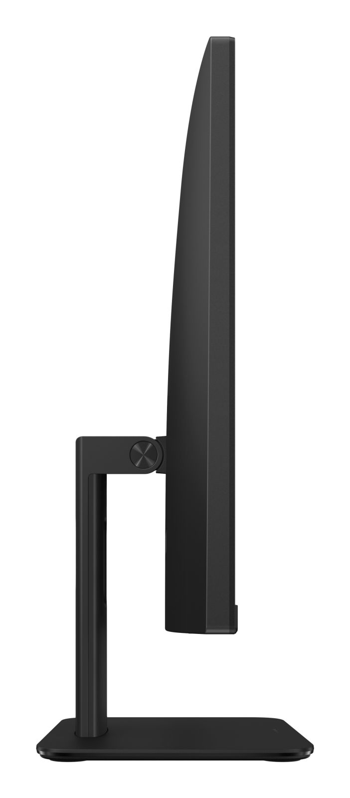 Vista laterale di un monitor nero con supporto e giunto regolabile.