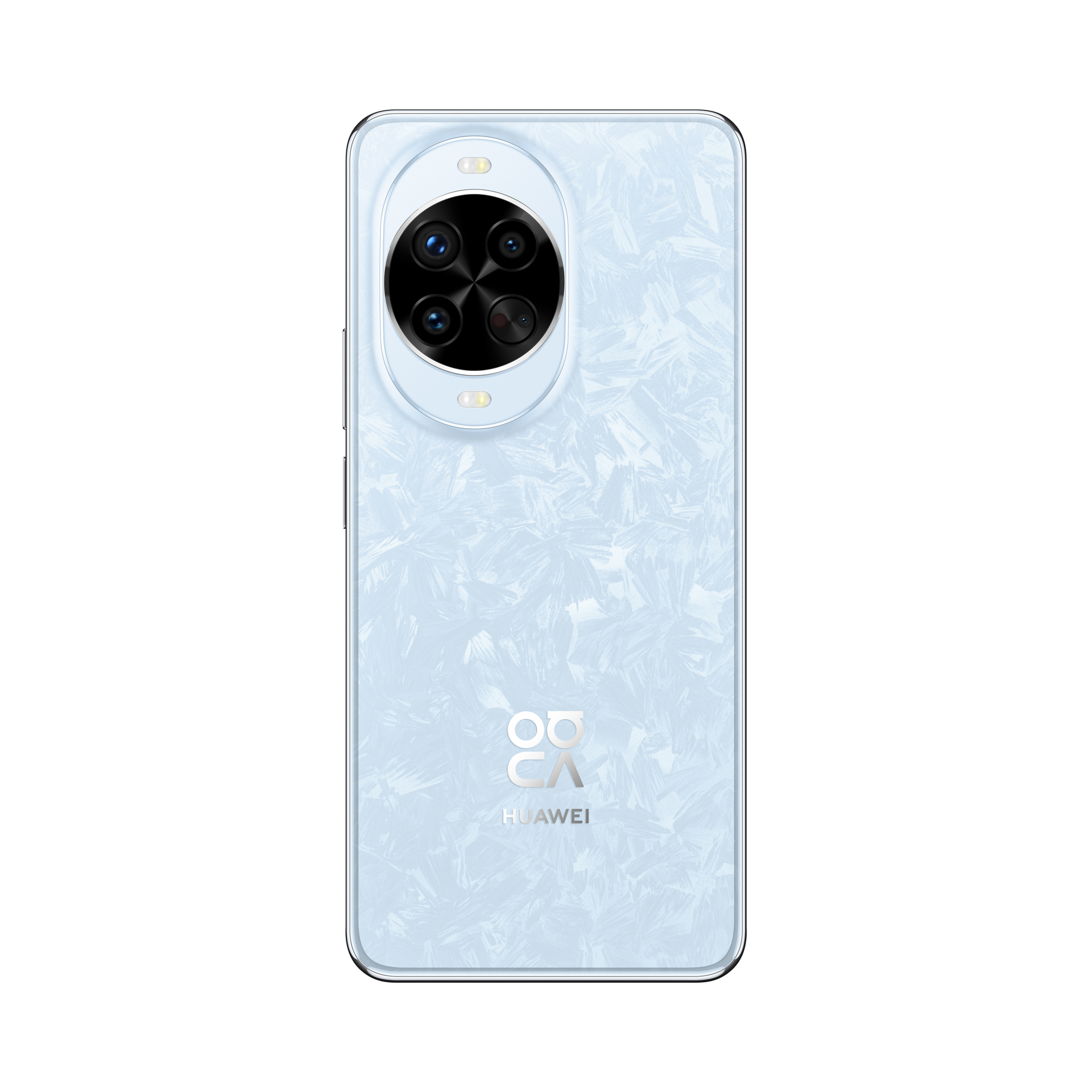 Rückseite eines hellblauen Huawei-Smartphones mit vier Kameras und Eiskristall-Muster.