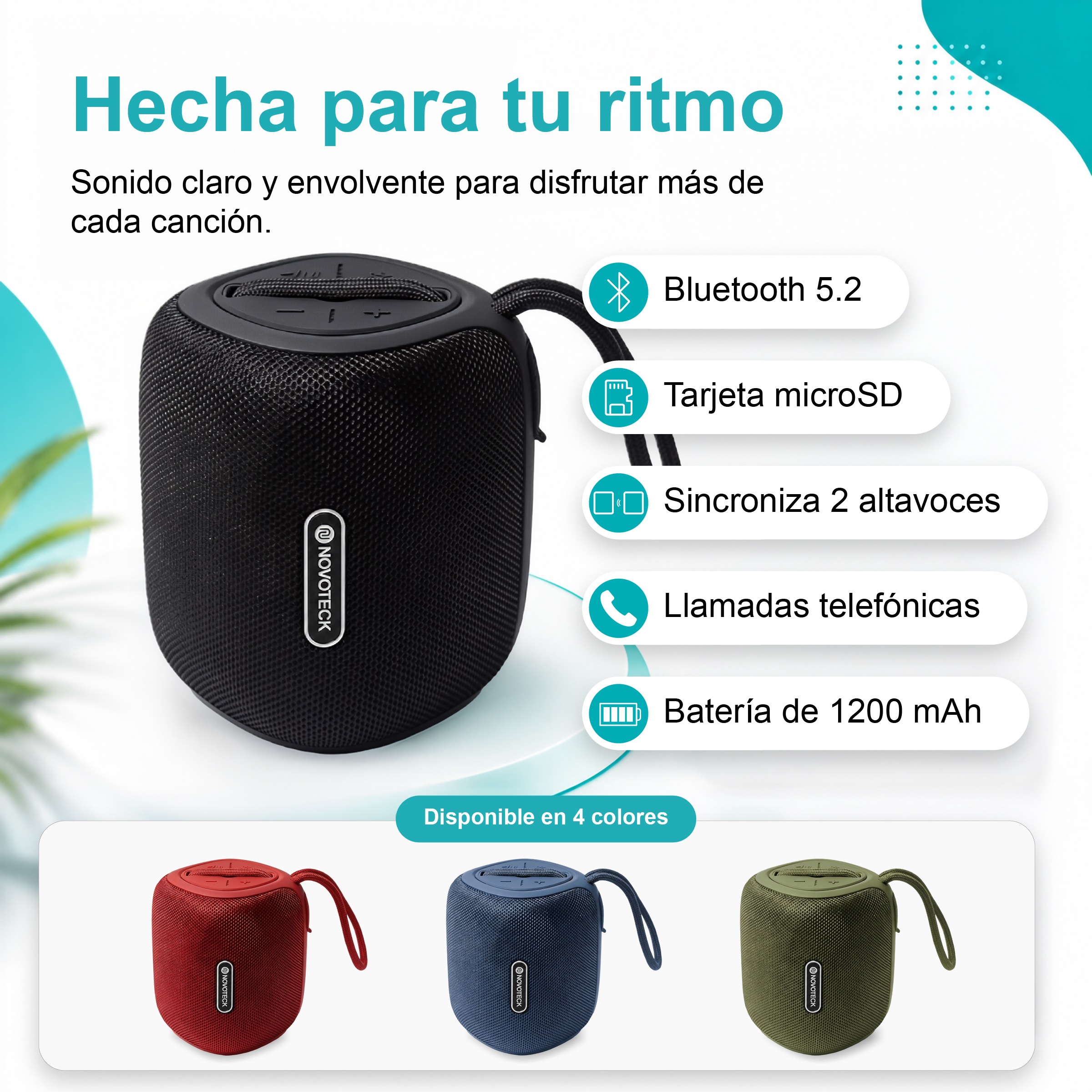 Un altoparlante nero con Bluetooth 5.2, microSD, chiamate a mani libere e batteria da 1200 mAh.