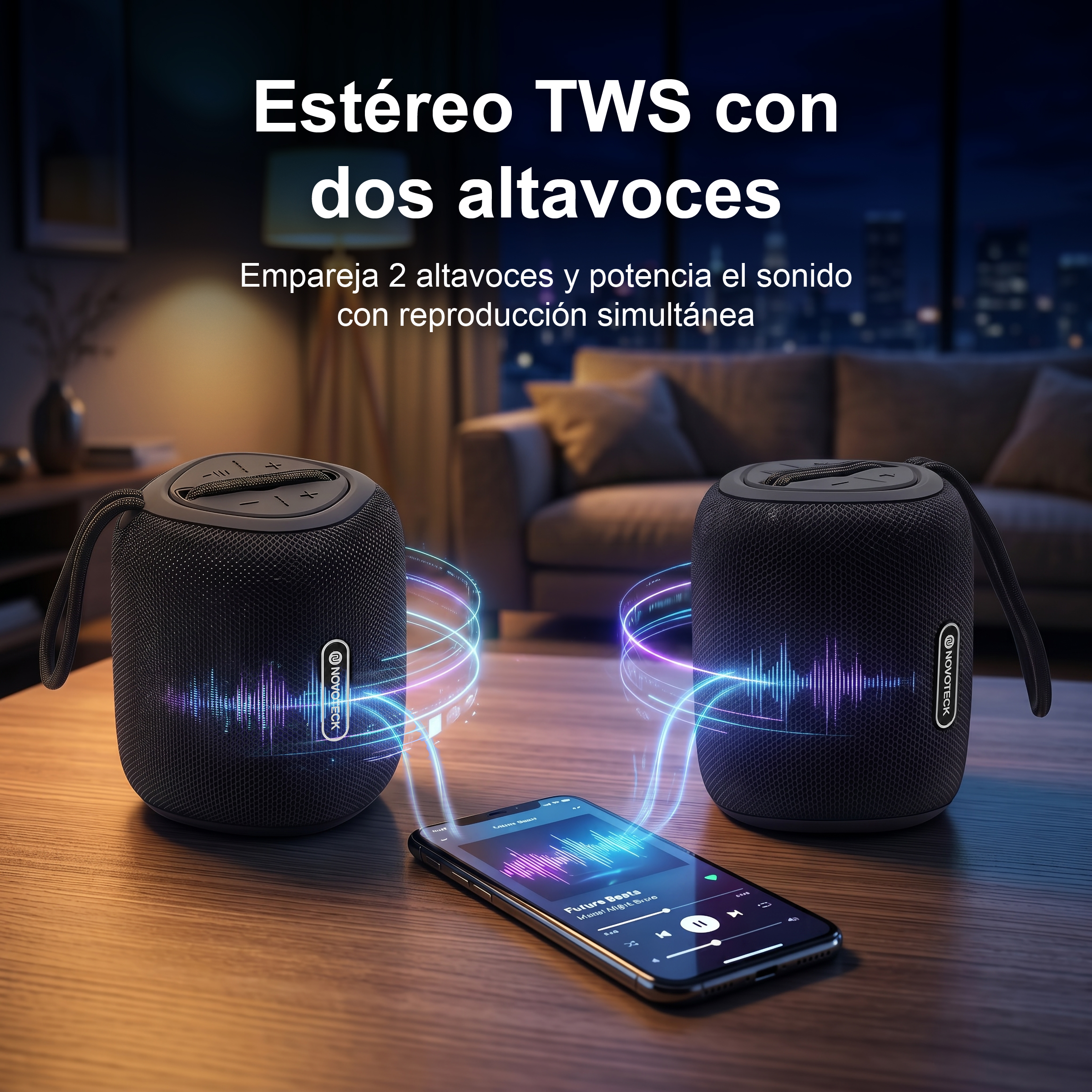 Due altoparlanti TWS neri controllati da smartphone, con effetti luminosi.