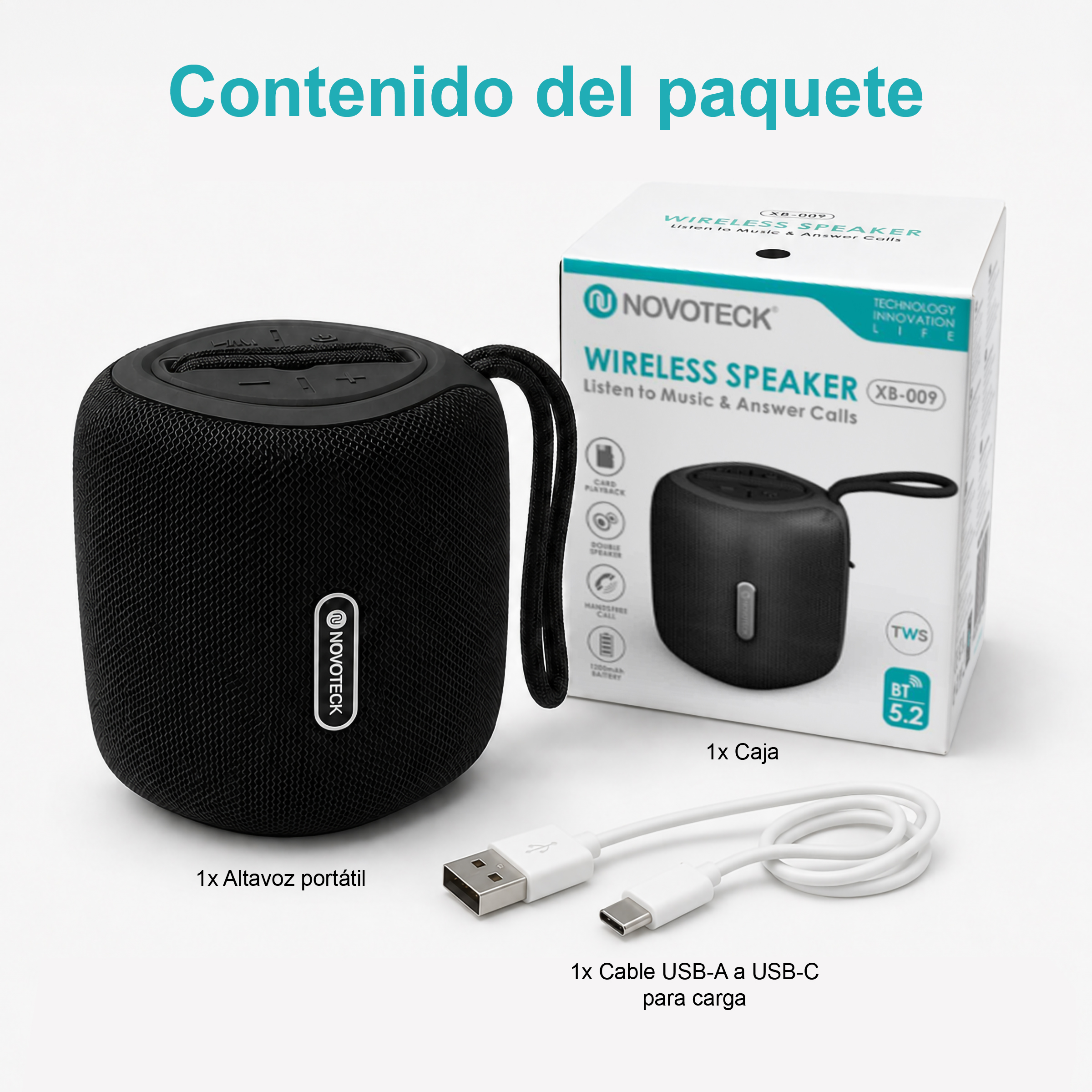 Altavoz portátil negro con cable de carga USB-C y caja.