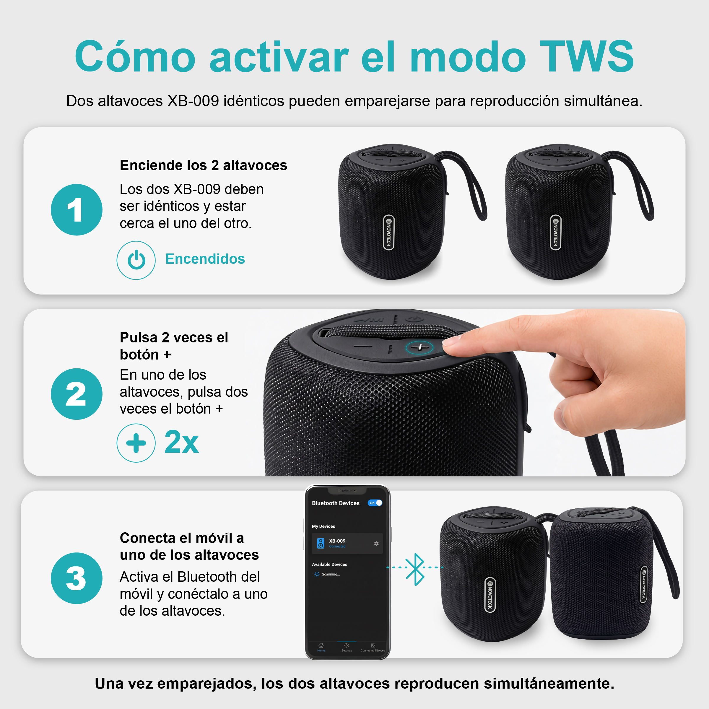 Guía paso a paso para activar el modo TWS en dos altavoces XB-009 con un smartphone.